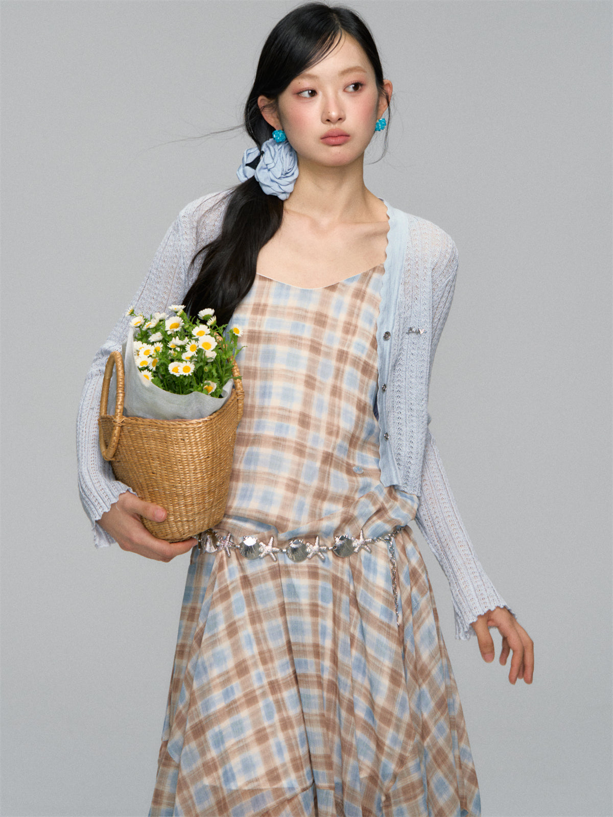 AsGony ASG25159 Irregular plaid camisole ruffle edge dress