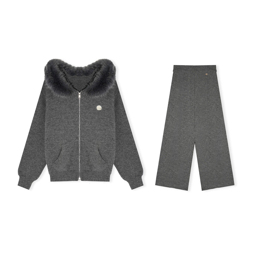 16DEWS 16D25555&16D25556 Cleanfit detachable fur collar hooded knitted cardigan + pants set