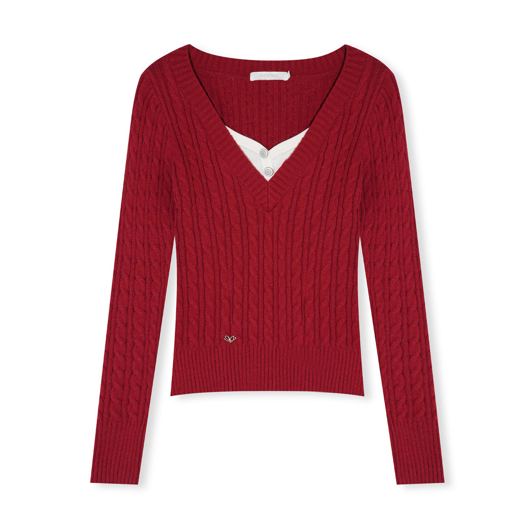 16DEWS 16D25514 Contrast V-neck fake two pieces knitting knitwear