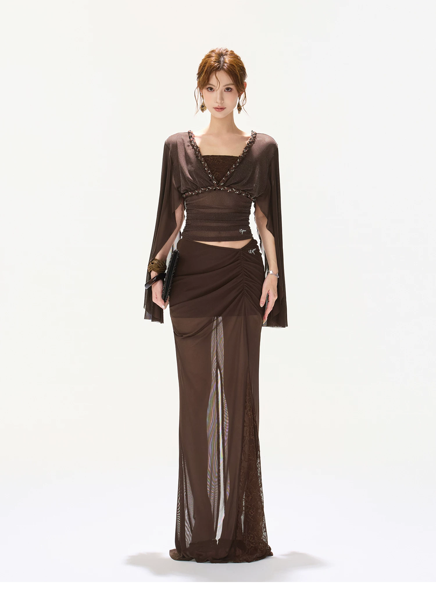 CYNR Rhinestone V-Neck Mesh Flutter Sleeve Top & Mermaid Fishtail Skirt