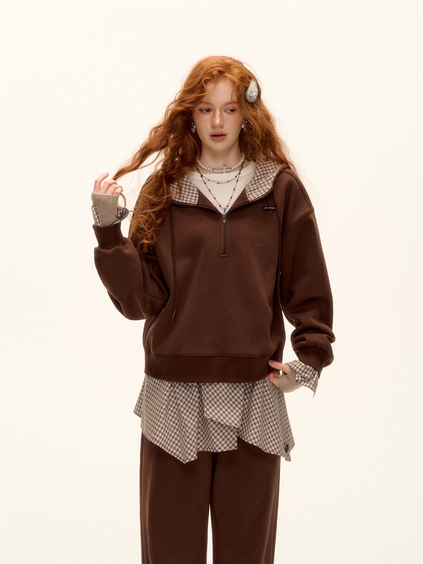 AsGony ASG24642&ASG24641 Plaid patchwork fleece hoodie + pants set