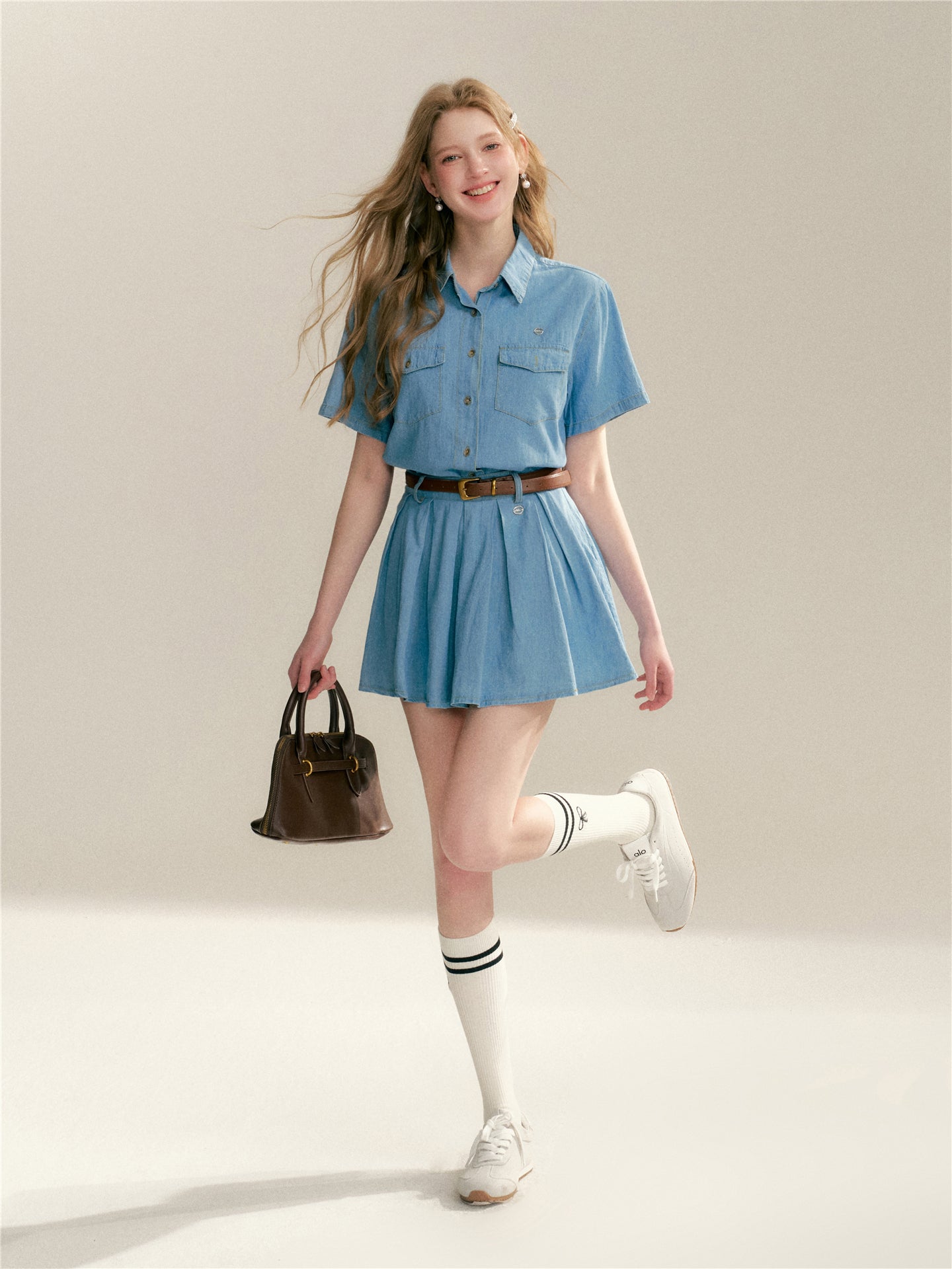 16DEWS 16D24084 Soft denim short sleeved shirt + skirt set