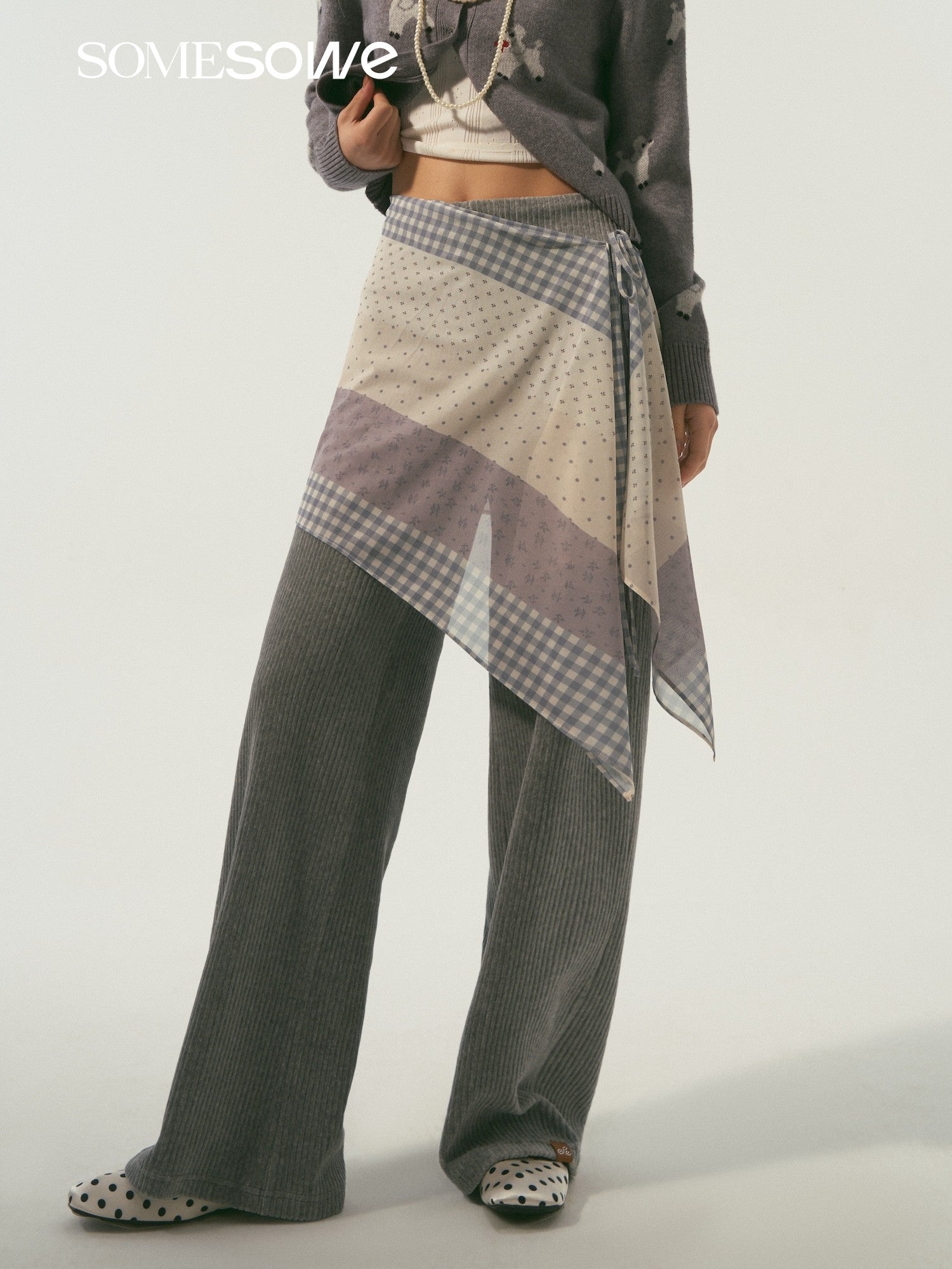 SOMESOWE S2609007&S2609014 Elastic corduroy straight-fit casual pants + skirt panel