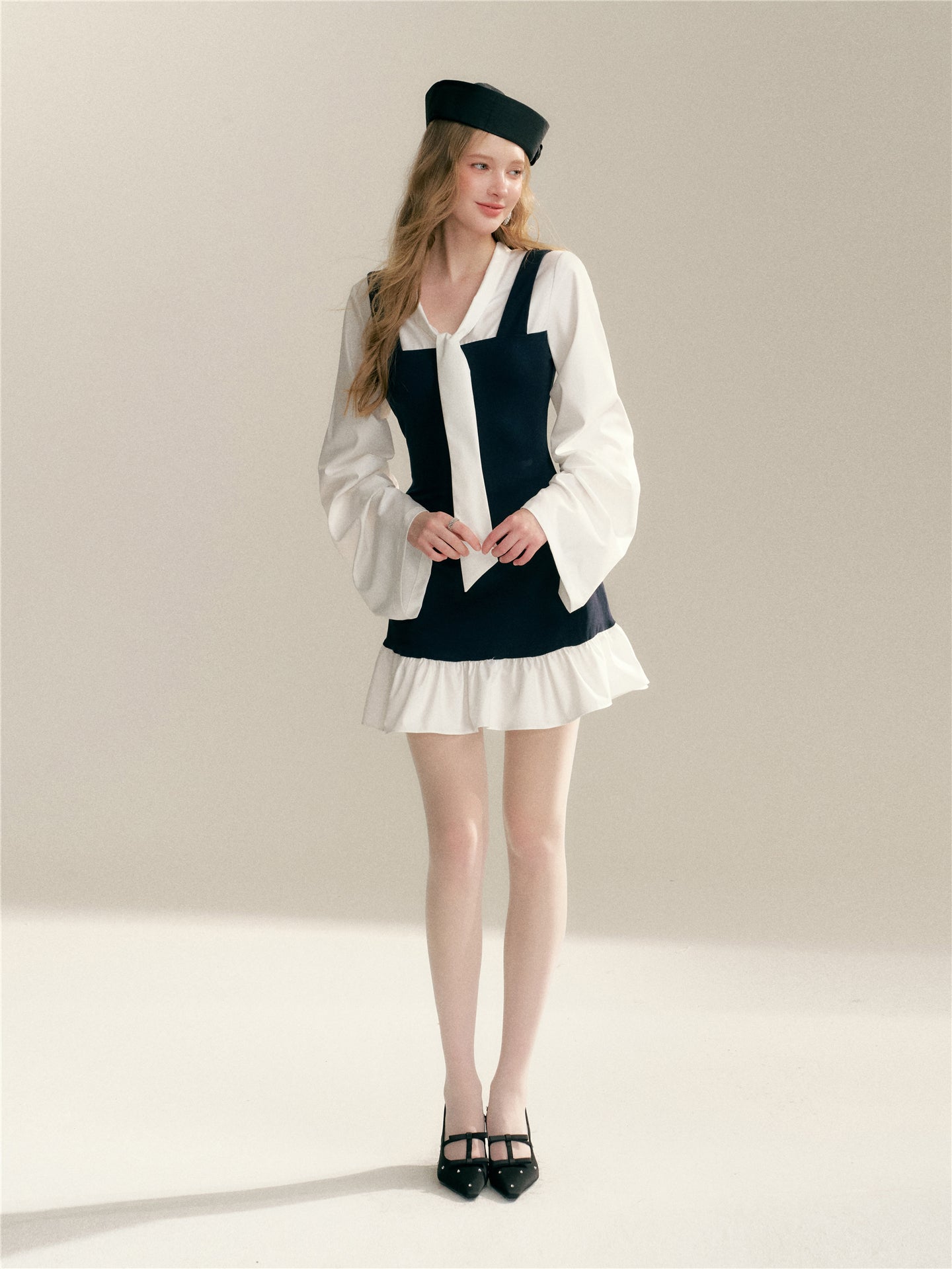 16DEWS 16D26015 Fake two V-neck lace up contrasting splicing slim fit dress