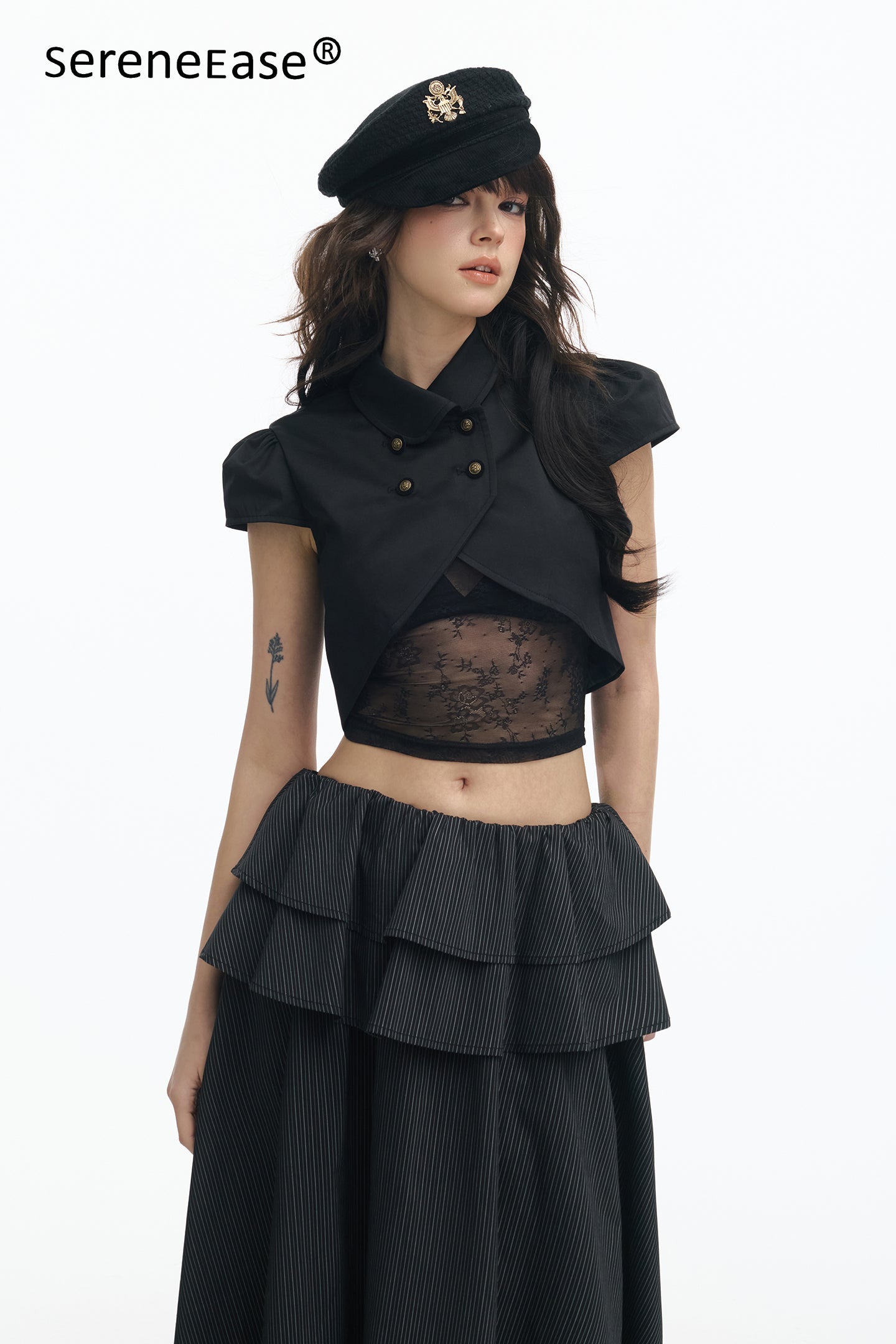 Serene Ease Lace hollow-out puffed sleeve top + skirt