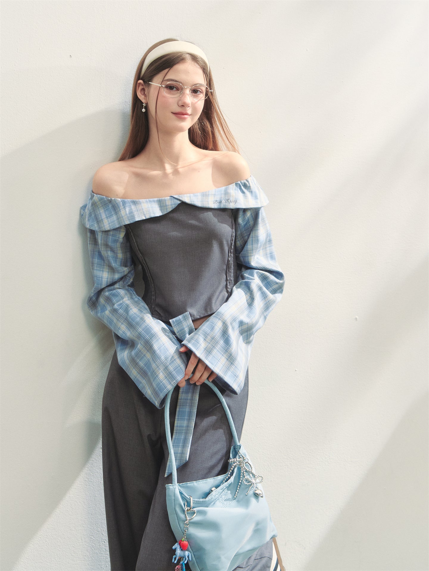 AsGony ASG25263&ASG25264 Plaid patchwork off-shoulder top + pants set