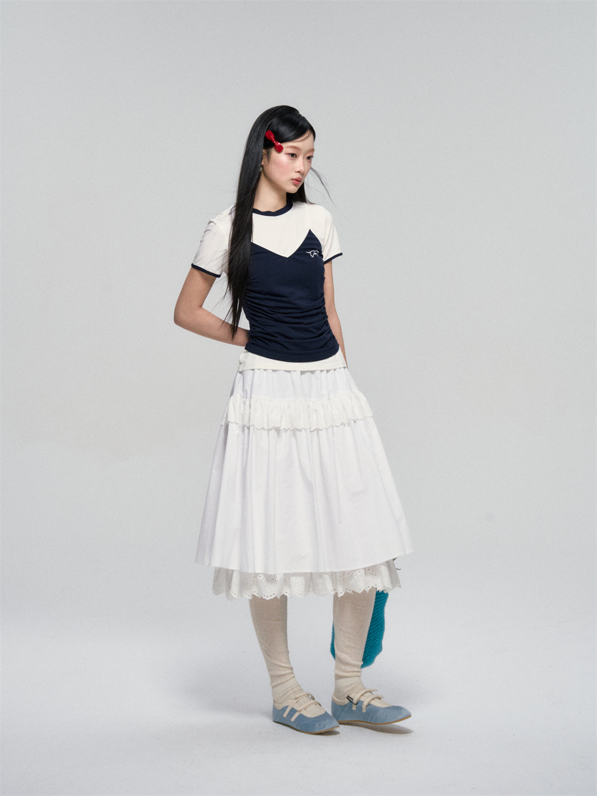 AsGony ASG25063 Color blocking strap style fake two-piece T-shirt