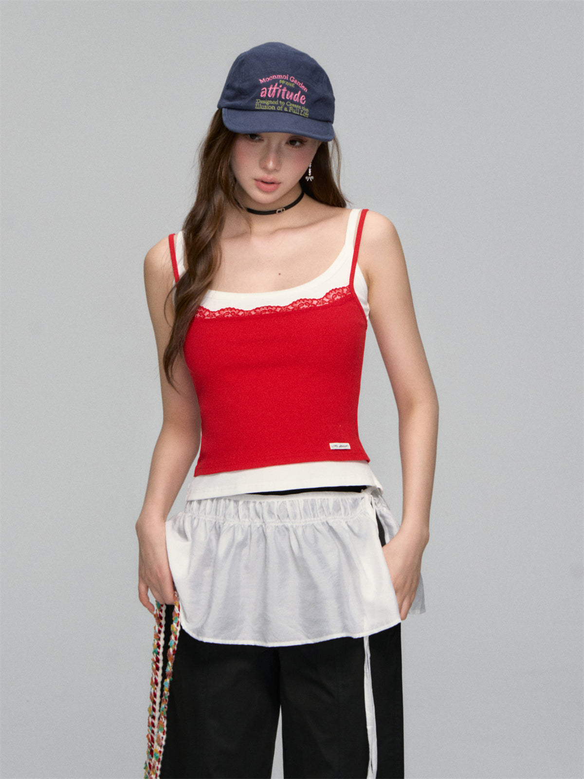 AsGony ASG25154 Fake two-piece lace patchwork camisole vest (2color)