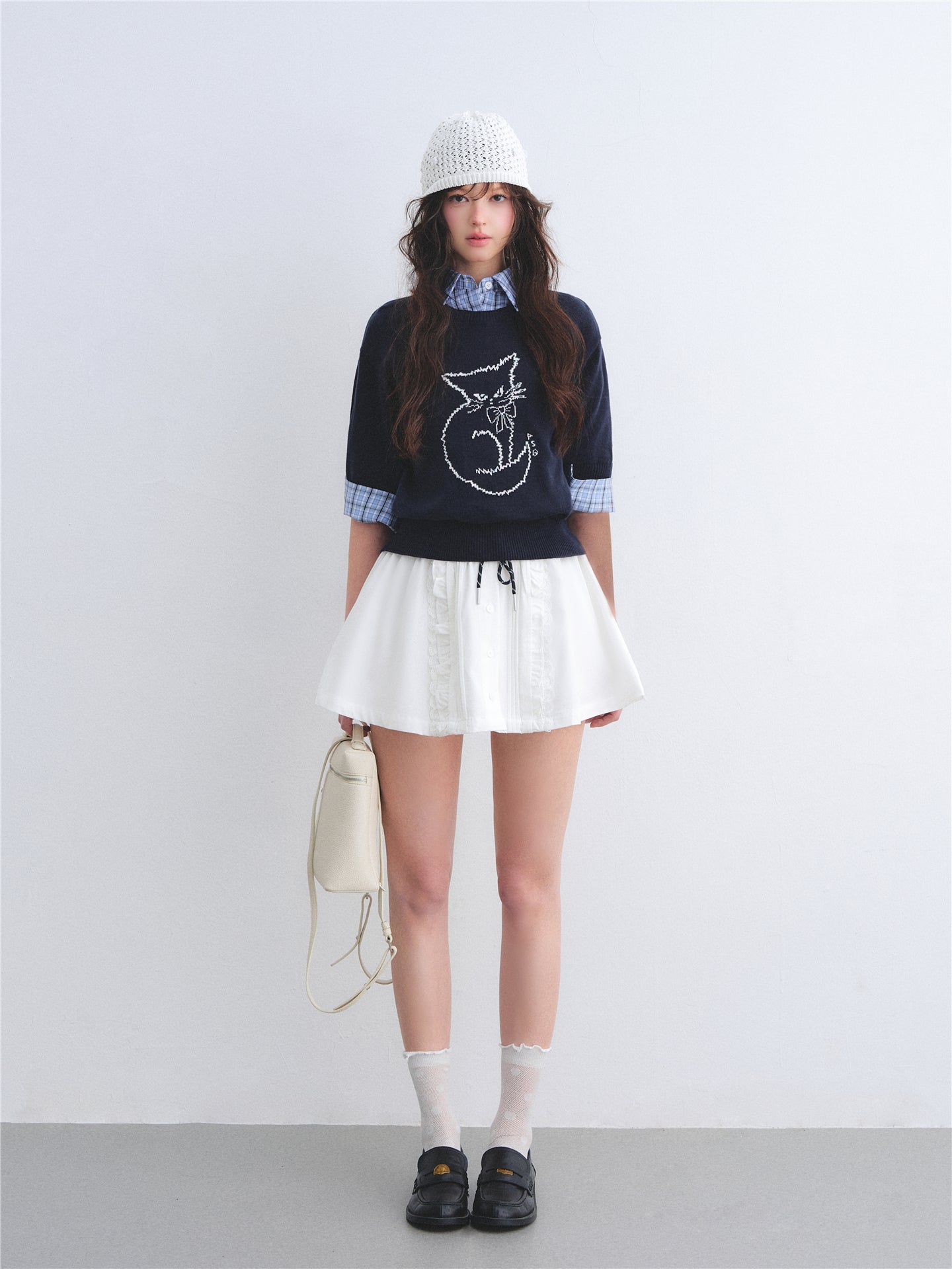 AsGony ASG26005 Round-neck jacquard cat print short-sleeved knit pullover