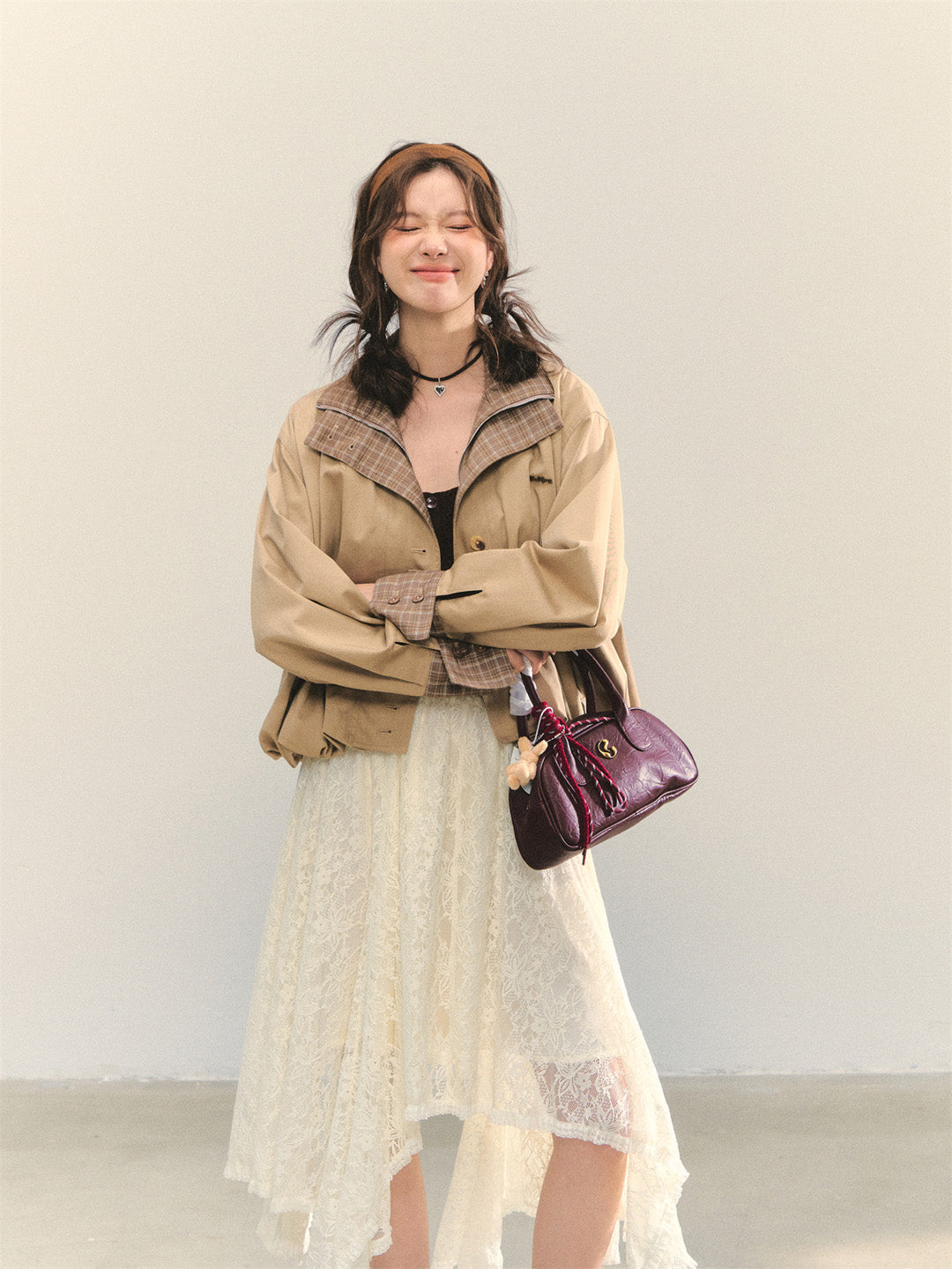 AsGony ASG25348 Beige lace irregular long skirt