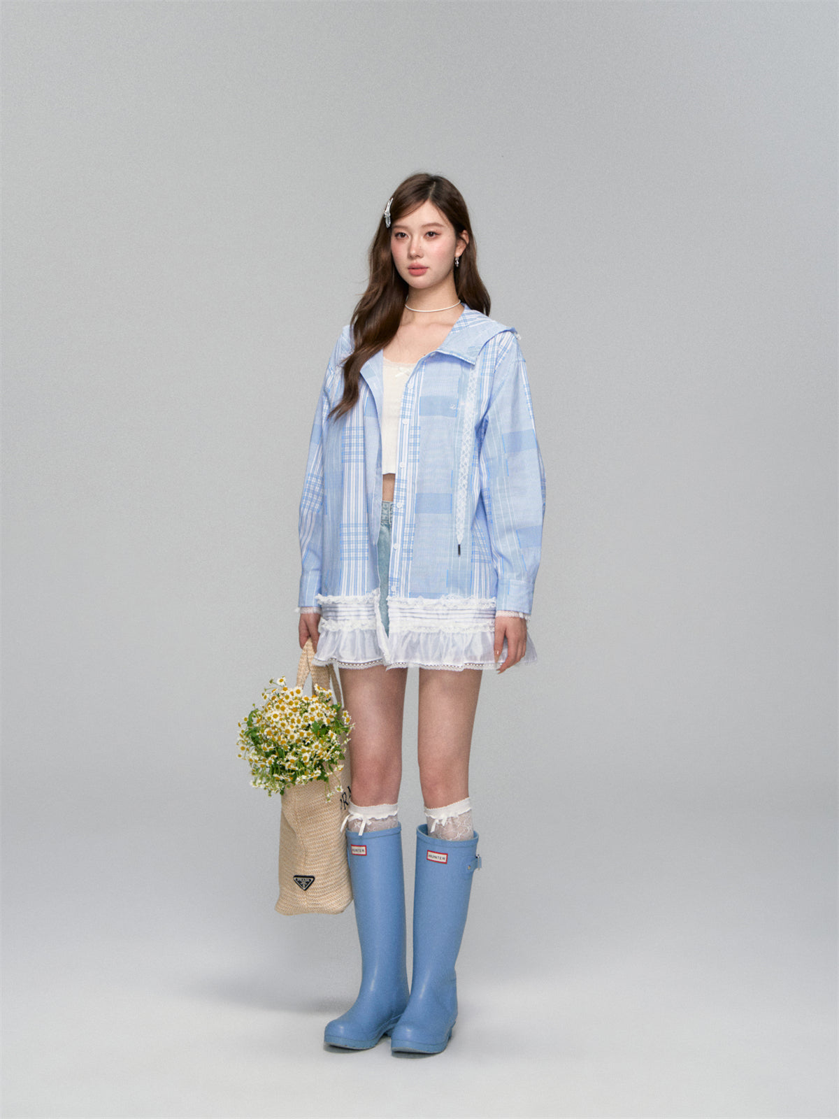 AsGony ASG25122 Plaid patchwork lace hooded shirt