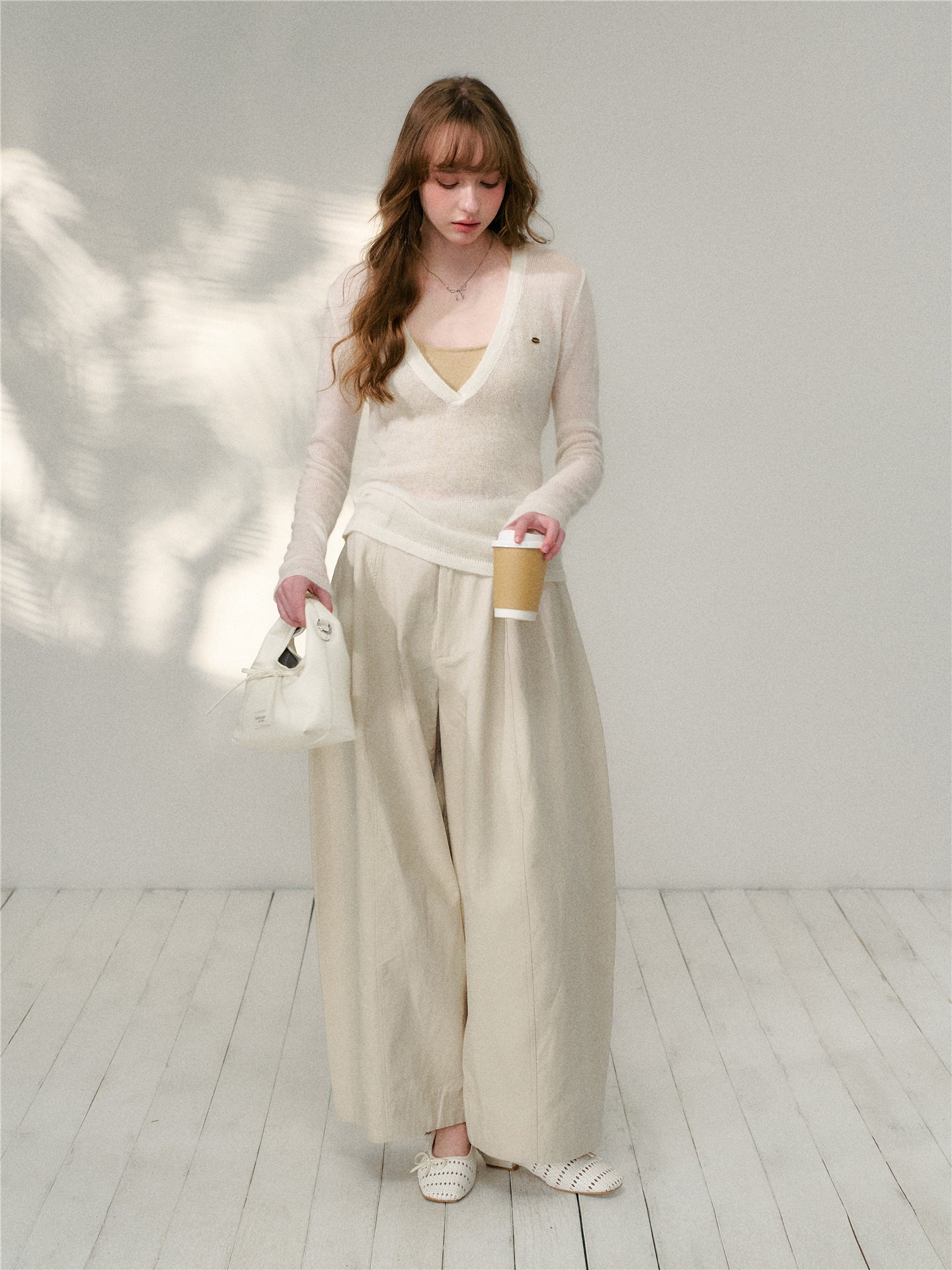 16DEWS 16D26097&16D26098 V-neck wool mohair knitted sweater two-piece set + pants