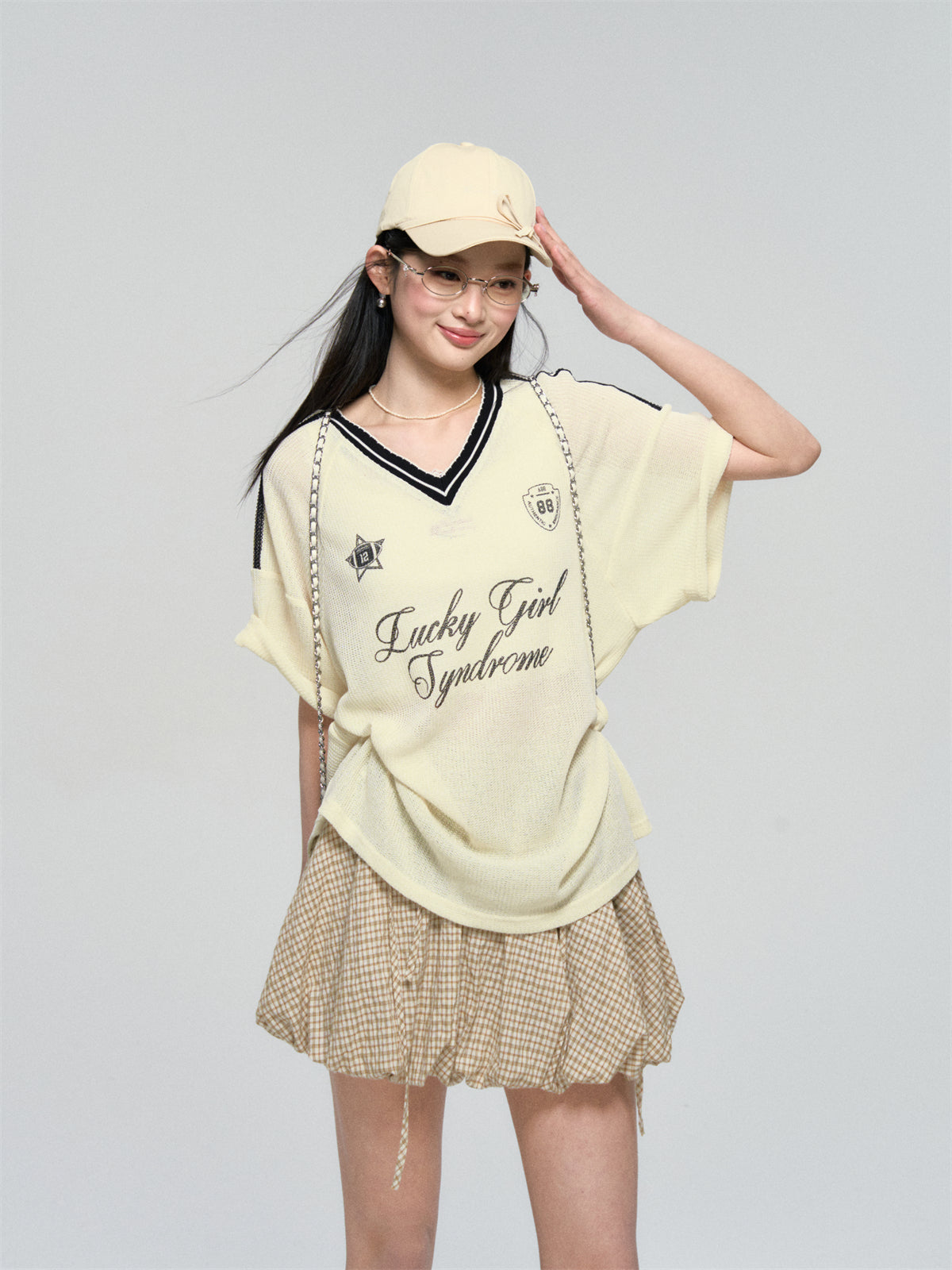 AsGony ASG25080 Jersey style contrasting ribbon T-shirt (2color)