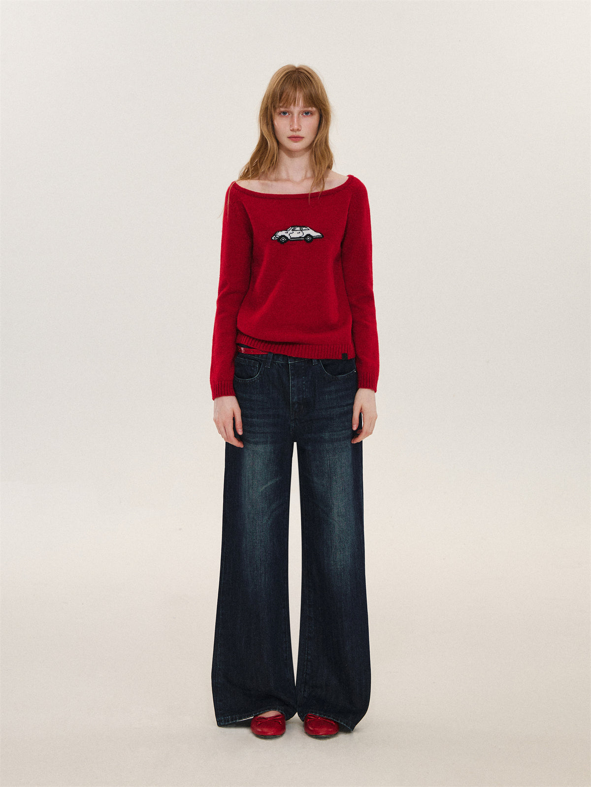Asgony ASG26577 Car-Print Cropped One-Shoulder Top