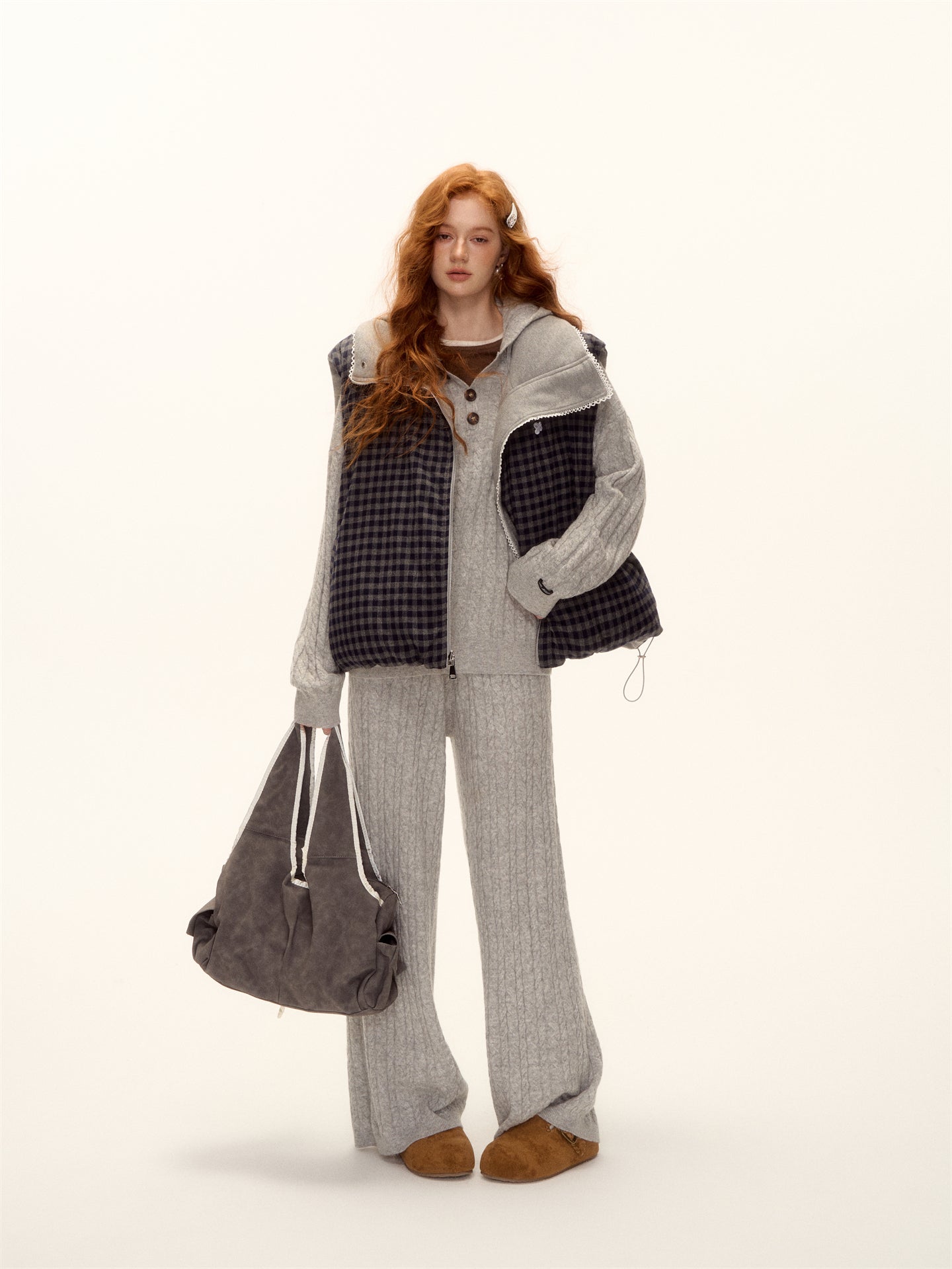 AsGony ASG25503 Double sided plaid lace patchwork vest