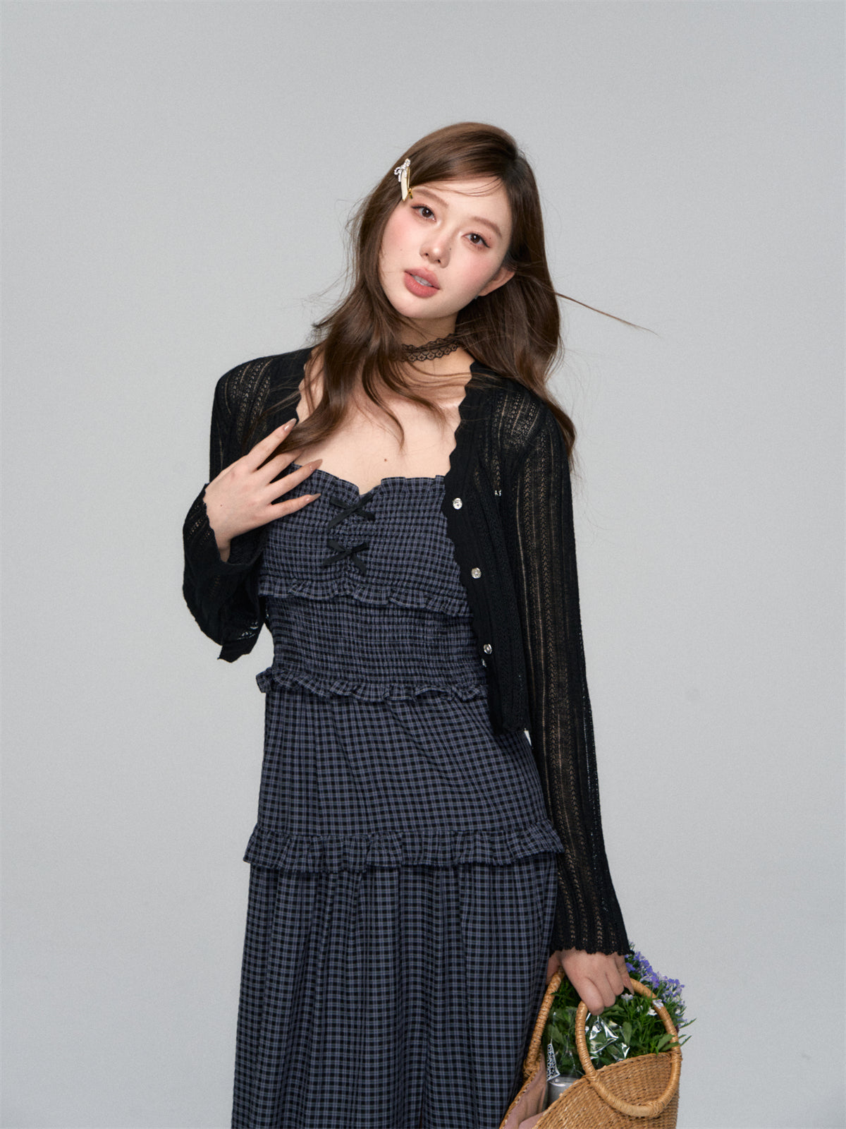 AsGony ASG25107 Plaid patchwork lace slit camisole dress
