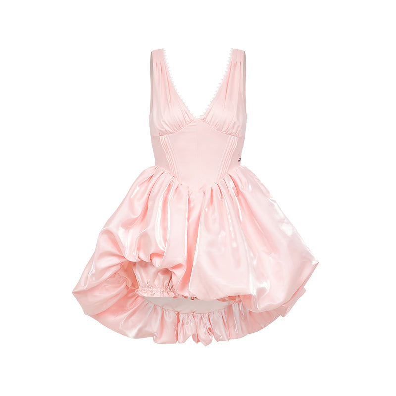 SHEERLUCK SLLYQ26105 French V-neck waist cinched puffy dress (Pink)