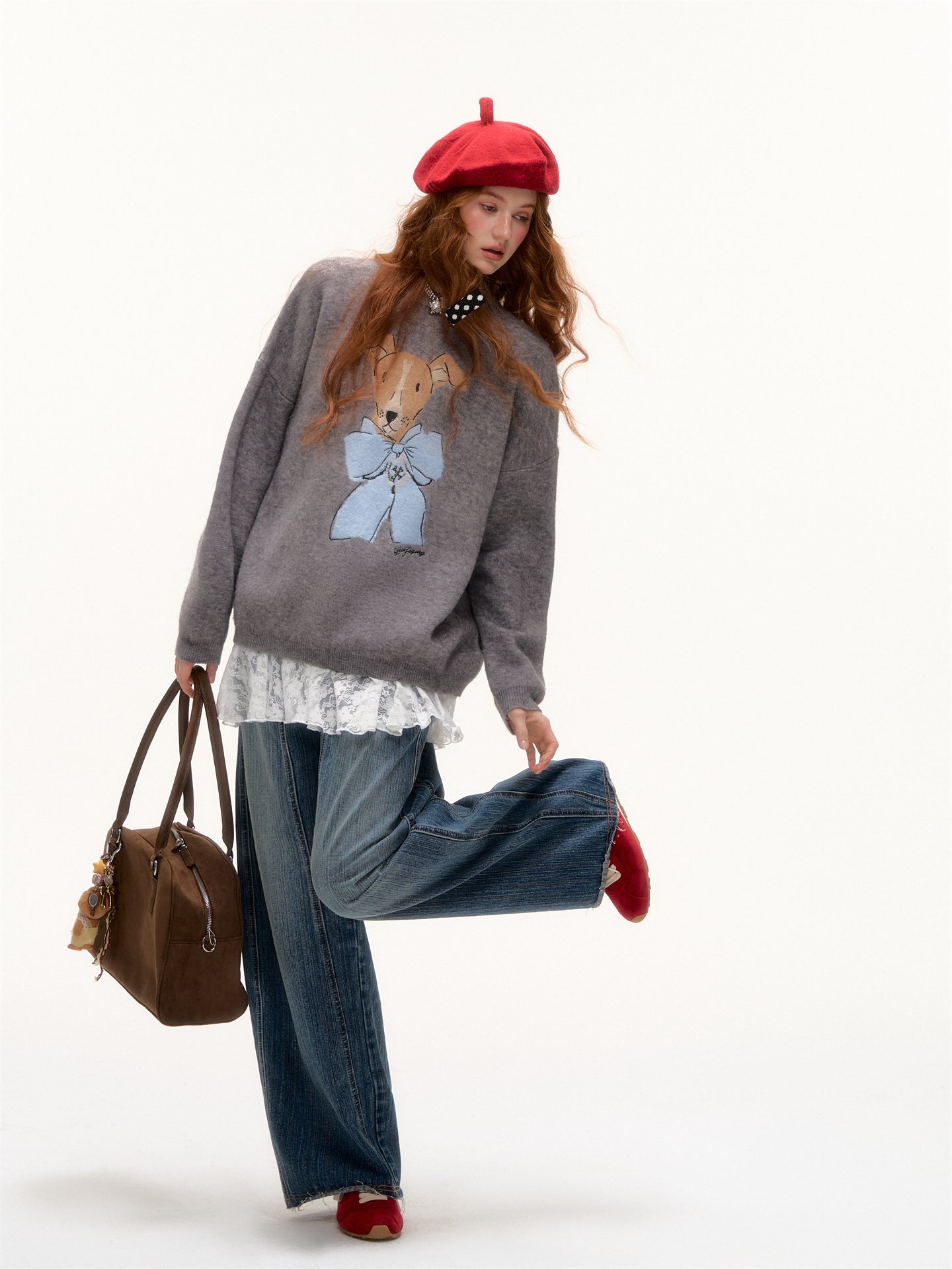 AsGony ASG25378 Bow puppy jacquard round neck pullover sweater