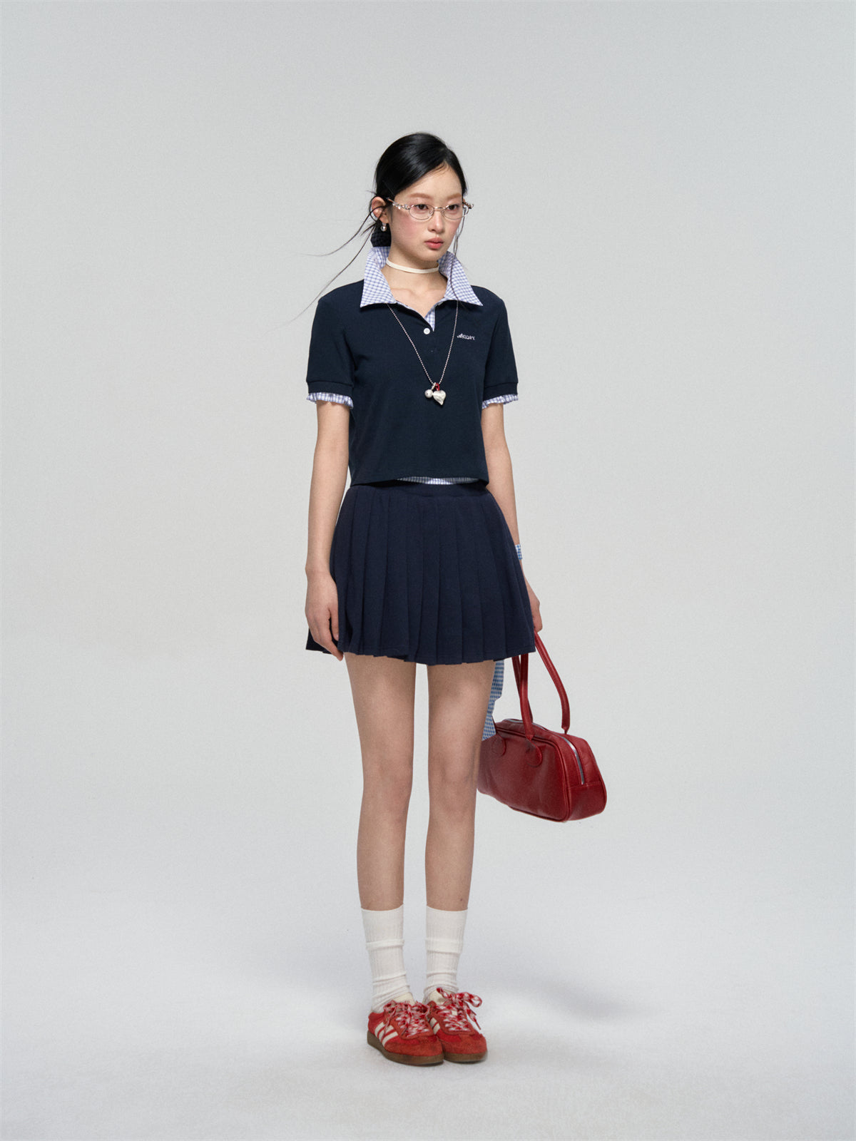 AsGony ASG25090 Embroidered plaid patchwork polo shirt