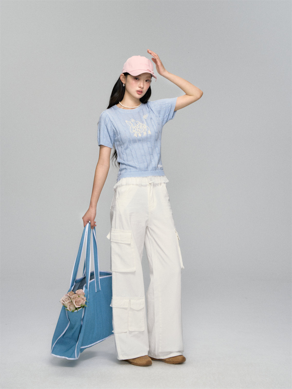 AsGony ASG25146 Puppy embroidered patchwork lace knit top (2color)