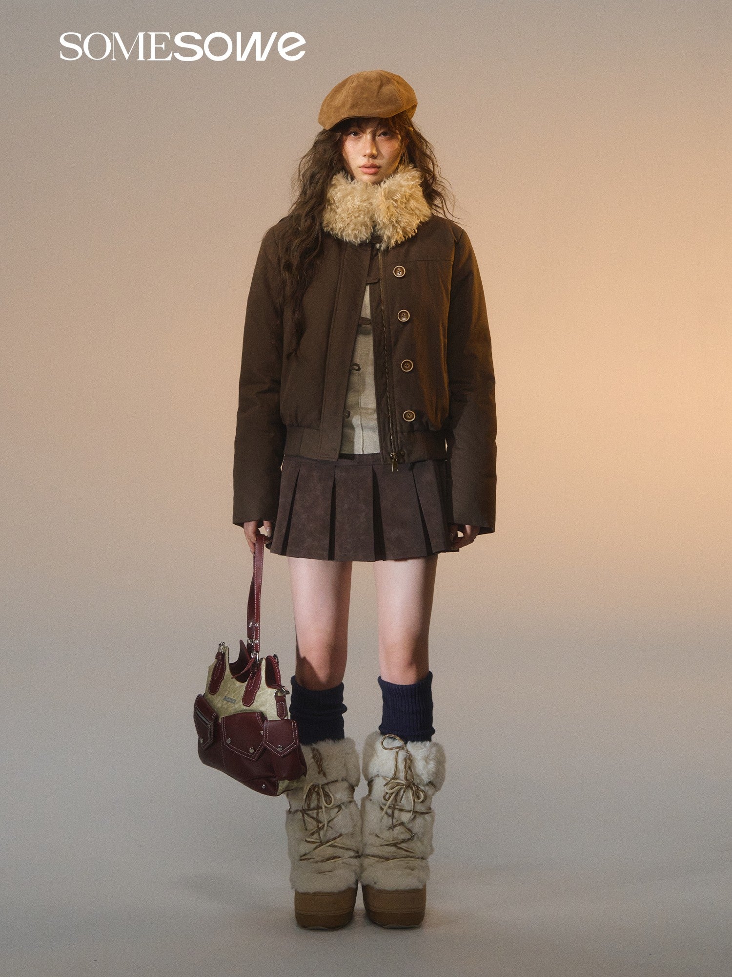 SOMESOWE S2508261 Lace patchwork velvet pleated leather short skirt