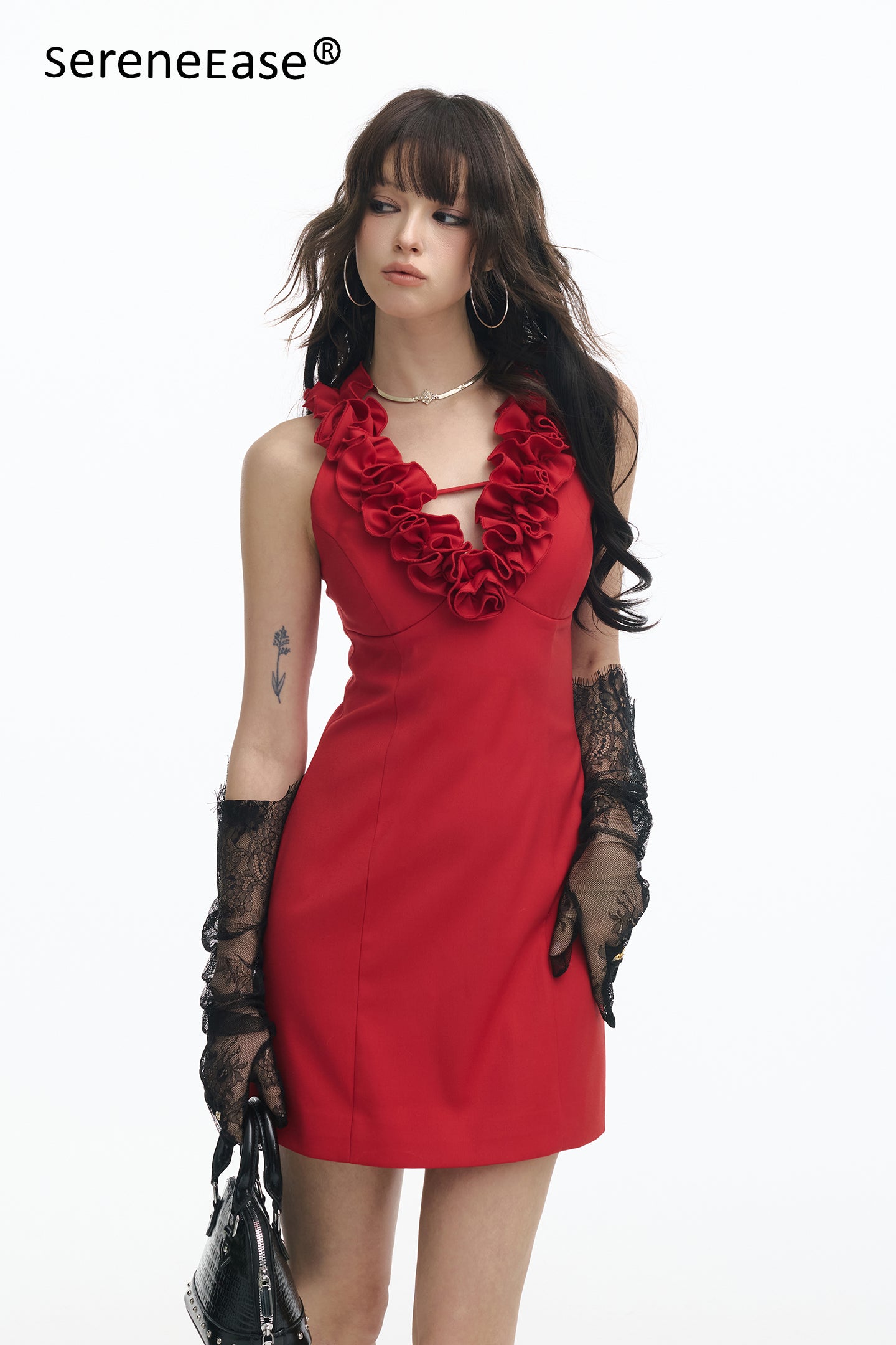 Serene Ease French retro red rose dress