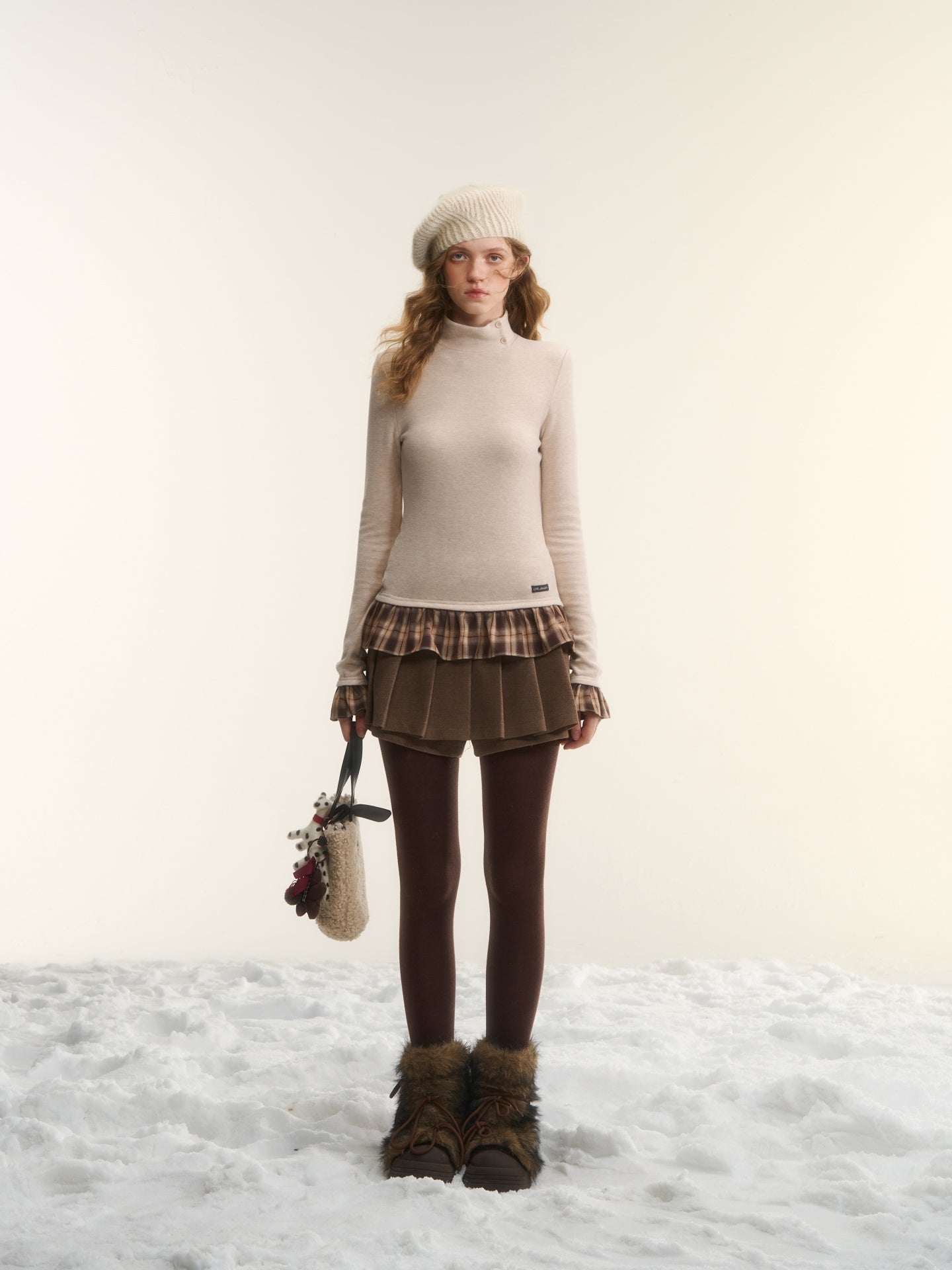 AsGony ASG25561 Wool stand collar with grid splicing and slim fit base top