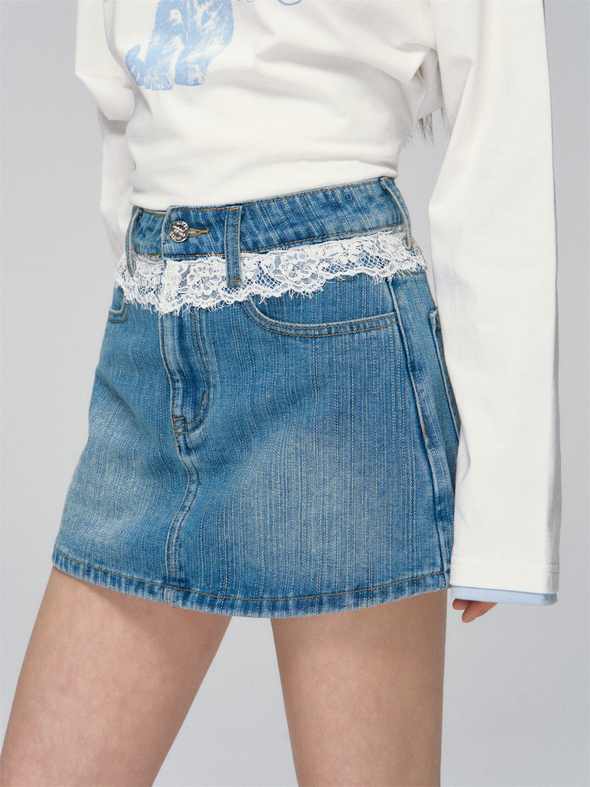 AsGony ASG25027 Lace patchwork denim pantskirt