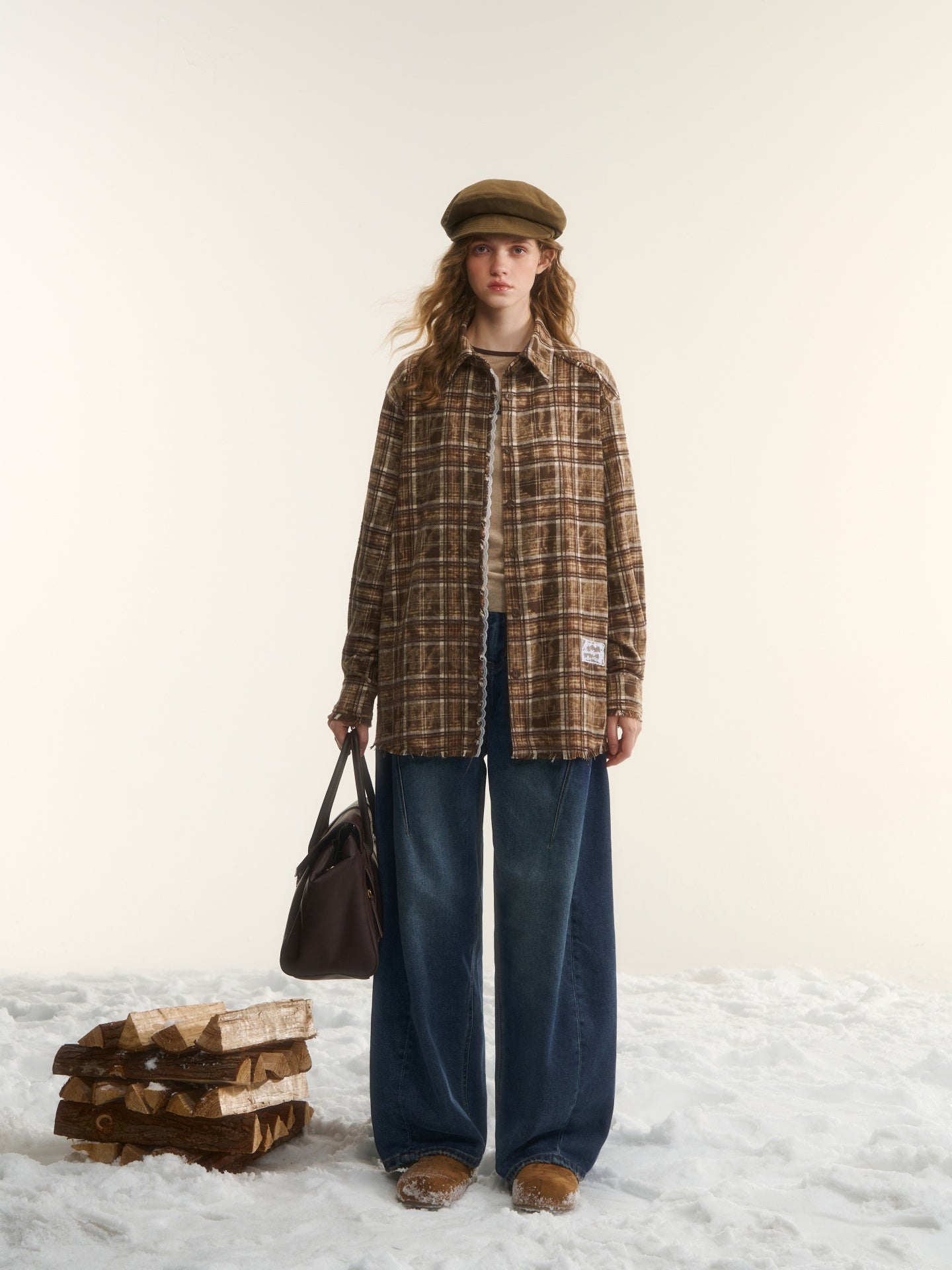 AsGony ASG24750 Lace edge patchwork brushed edge checkered shirt