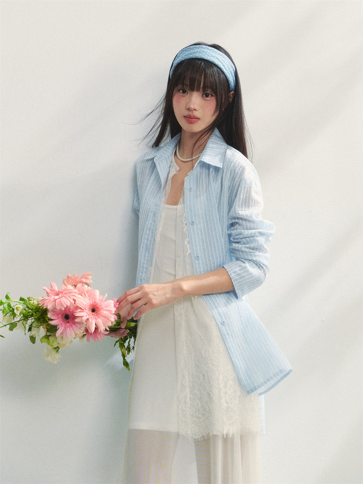 AsGony ASG25217 Striped lace patchwork long sleeved sunscreen shirt