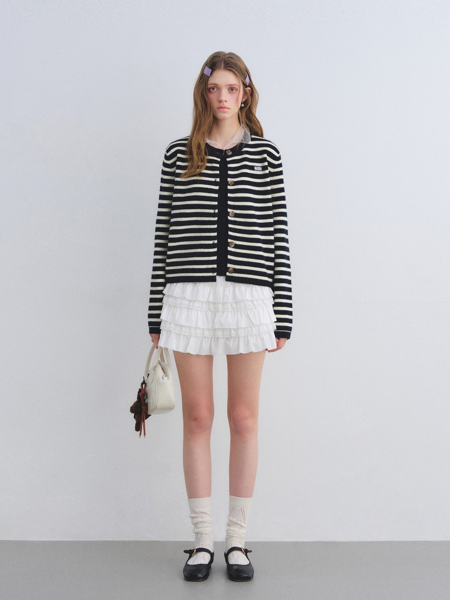 AsGony ASG25678&ASG25672 Wool round neck striped knitted cardigan + skirt set
