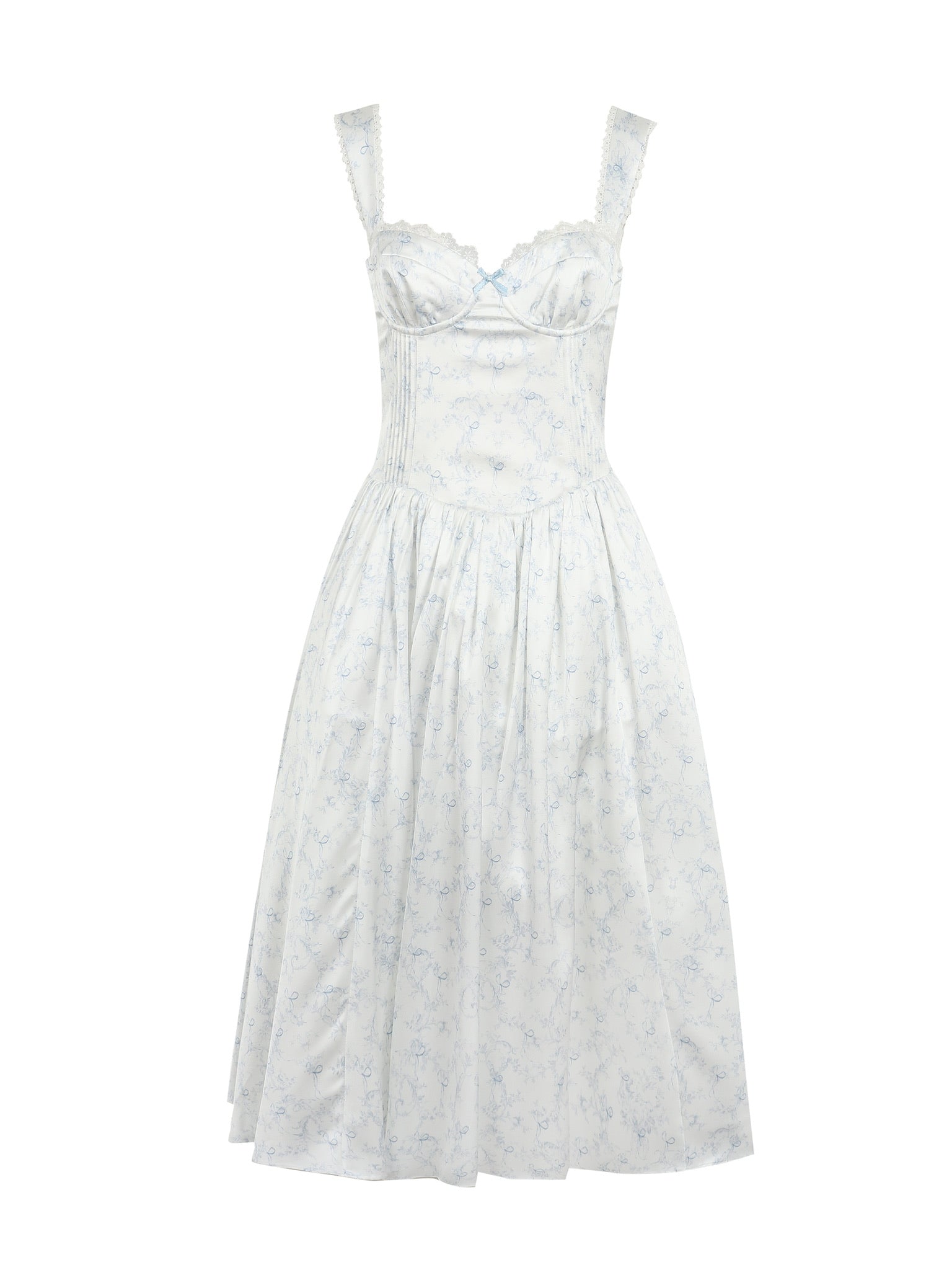 Jean Soo Retro Romantic Tucker Pleated Waist Satin Printed Long Dress