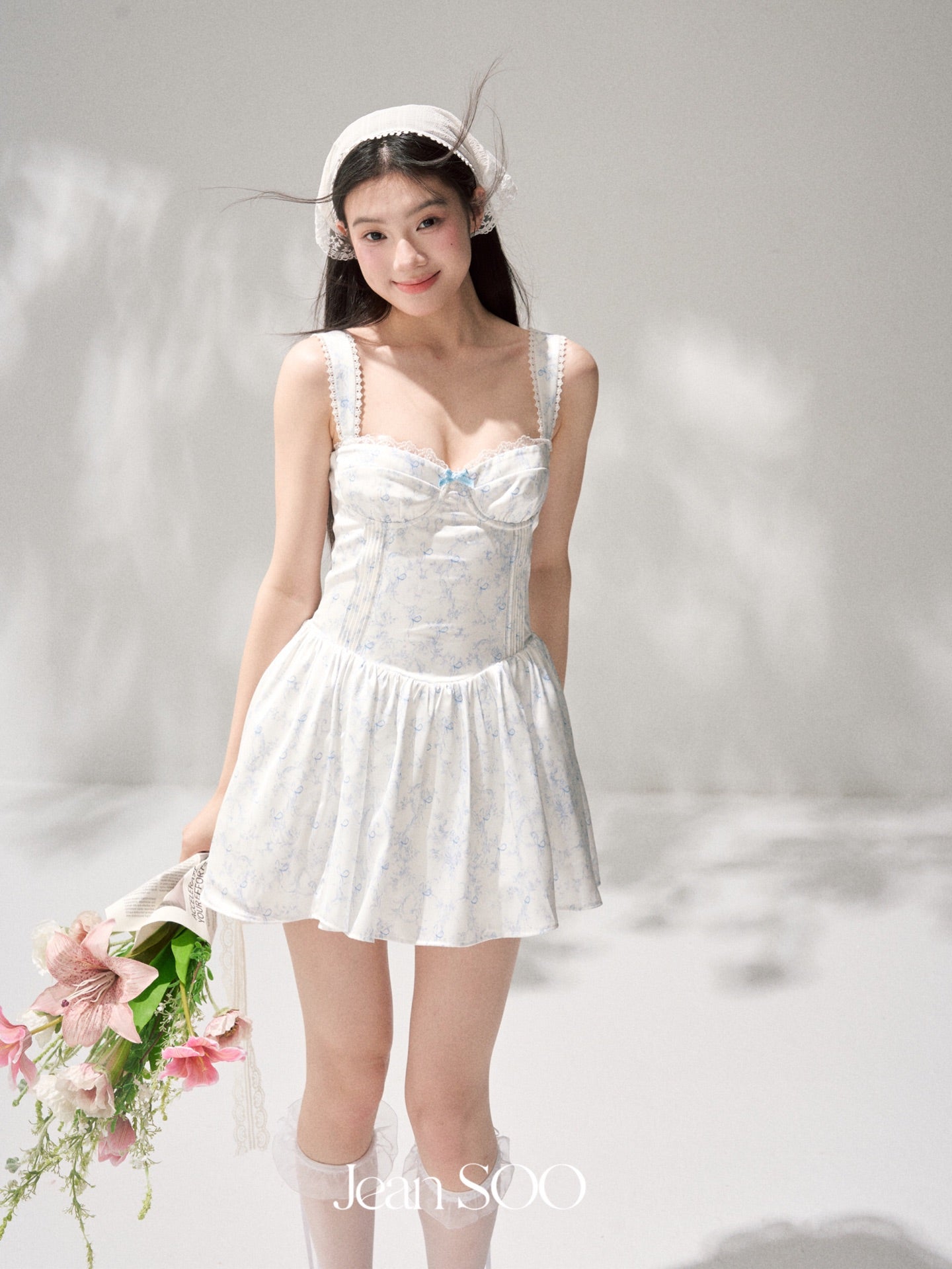 Jean Soo waist satin printed fluffy suspender dress