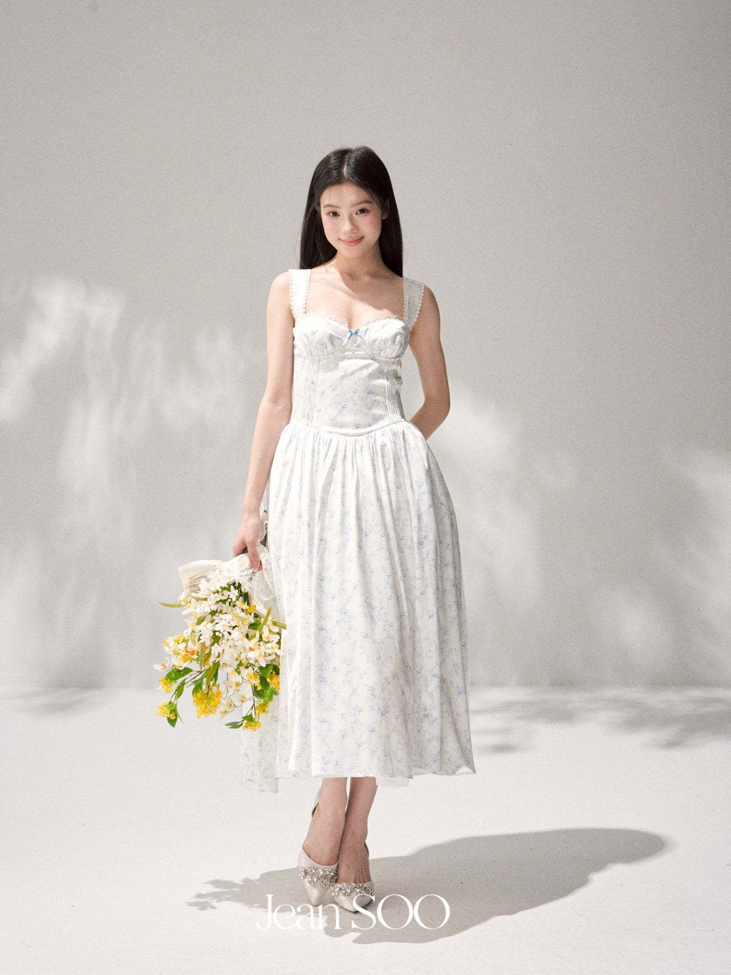 Jean Soo Retro Romantic Tucker Pleated Waist Satin Printed Long Dress
