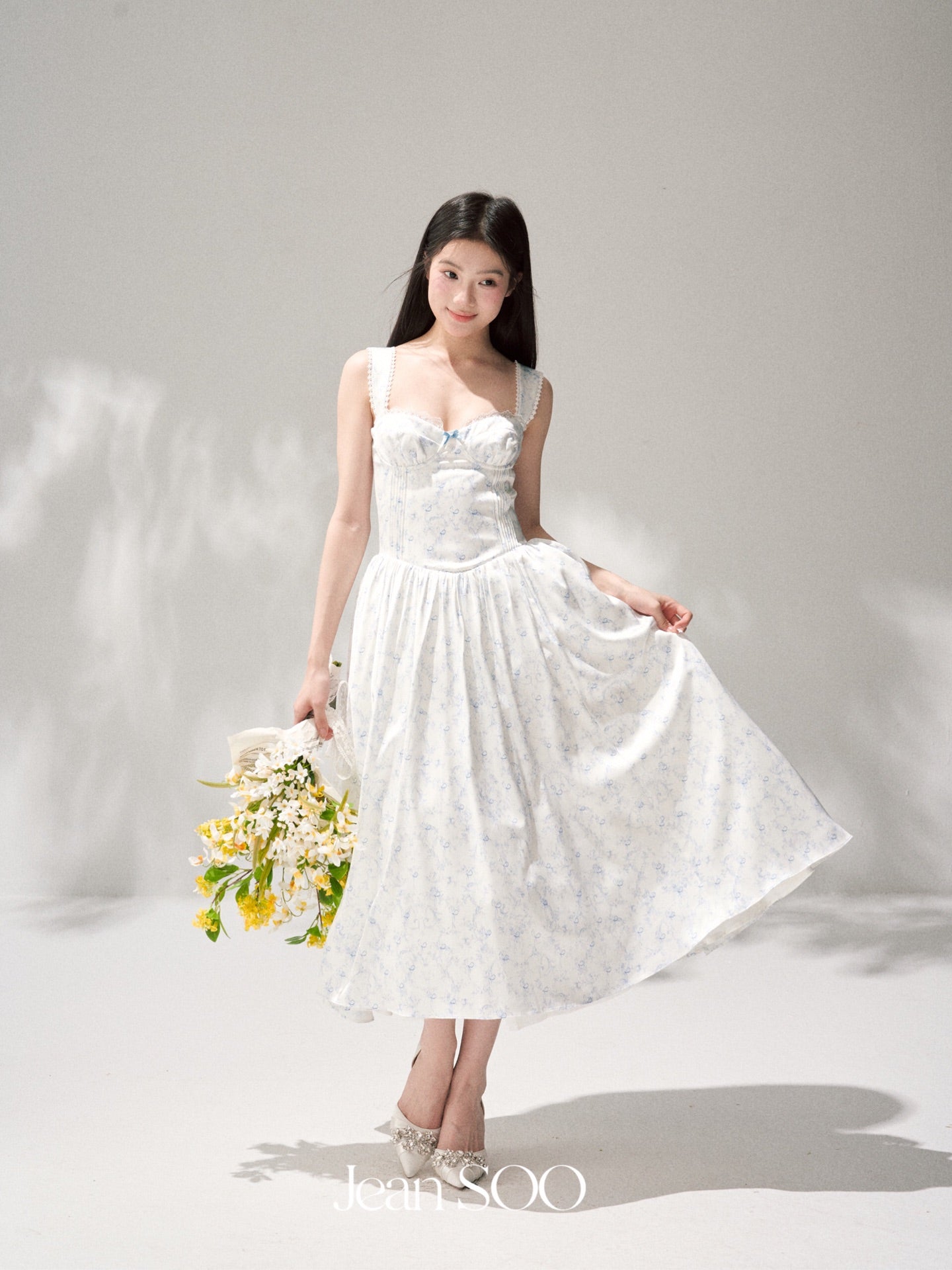 Jean Soo Retro Romantic Tucker Pleated Waist Satin Printed Long Dress