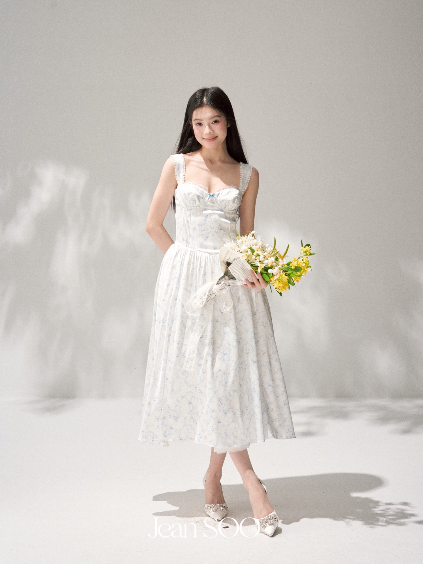 Jean Soo Retro Romantic Tucker Pleated Waist Satin Printed Long Dress