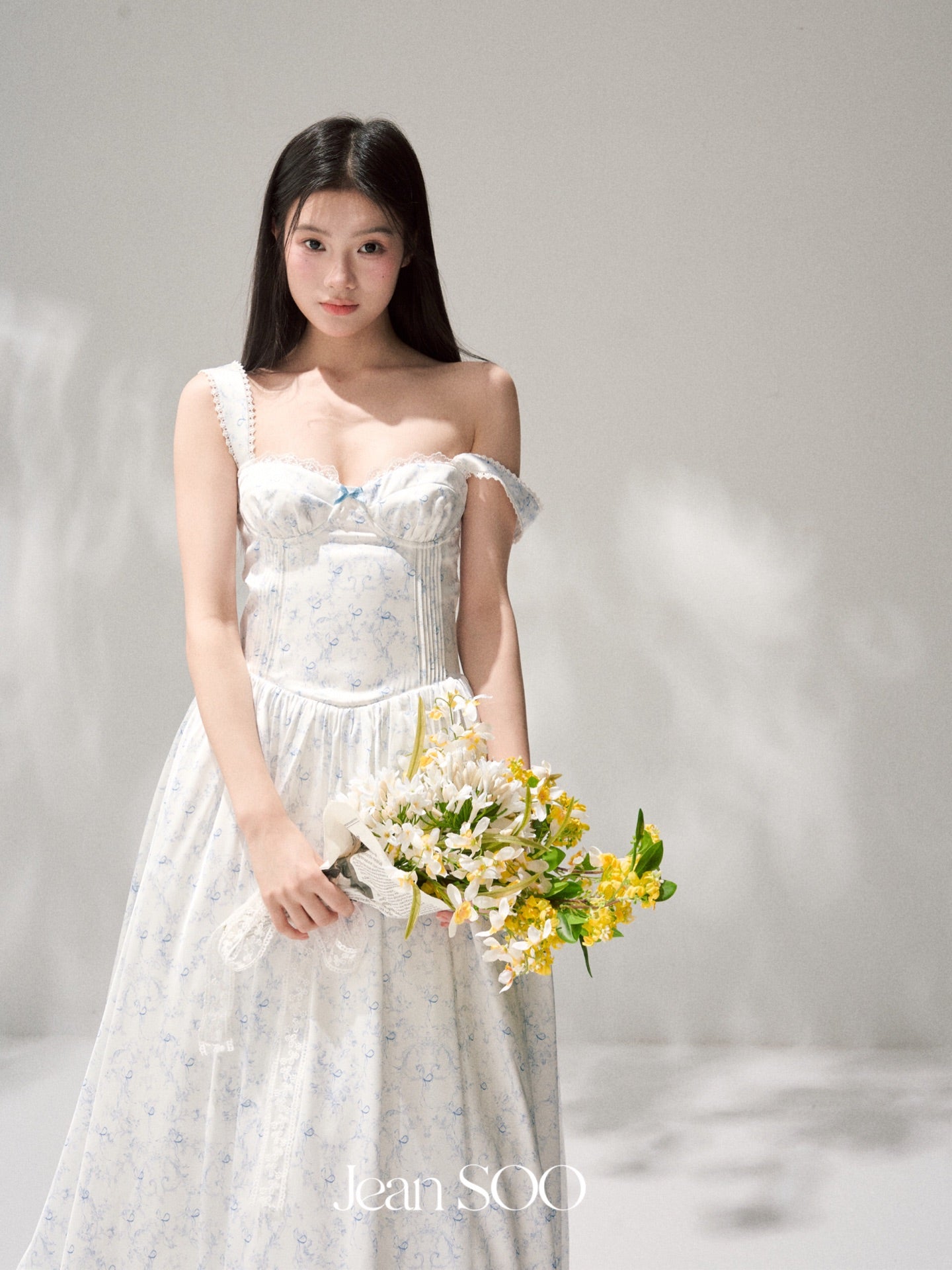 Jean Soo Retro Romantic Tucker Pleated Waist Satin Printed Long Dress