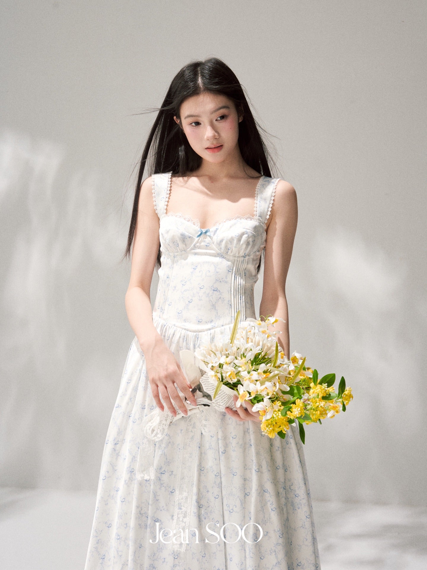 Jean Soo Retro Romantic Tucker Pleated Waist Satin Printed Long Dress