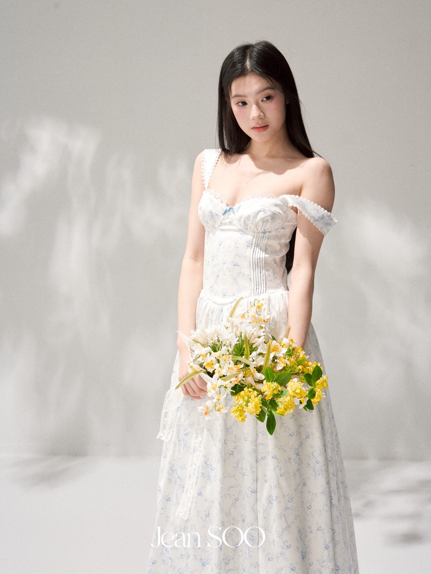Jean Soo Retro Romantic Tucker Pleated Waist Satin Printed Long Dress