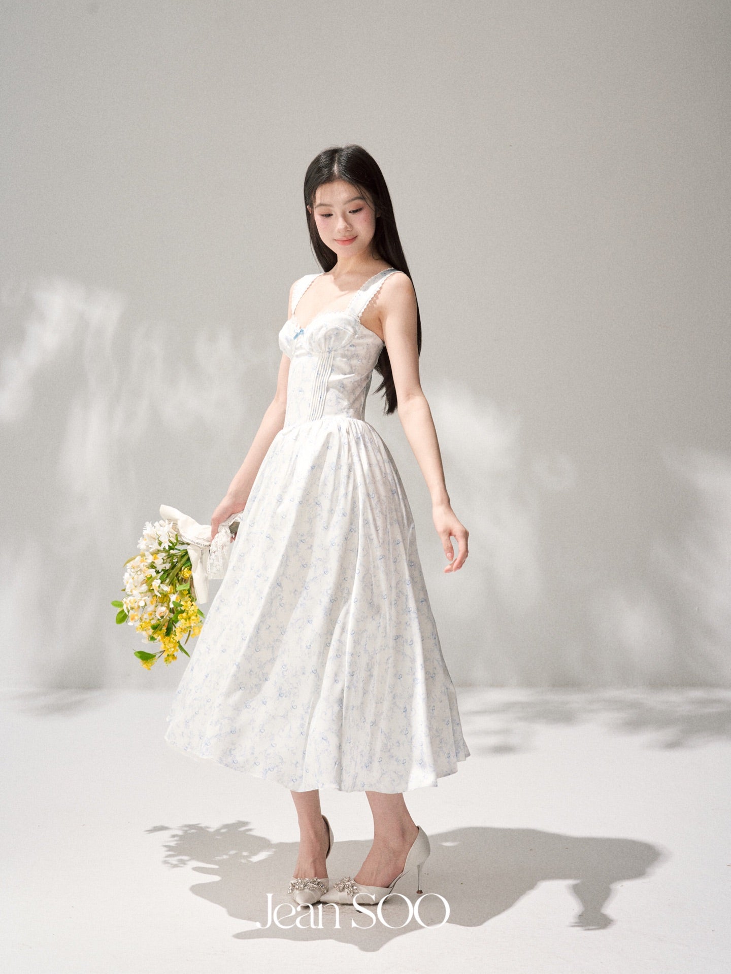 Jean Soo Retro Romantic Tucker Pleated Waist Satin Printed Long Dress
