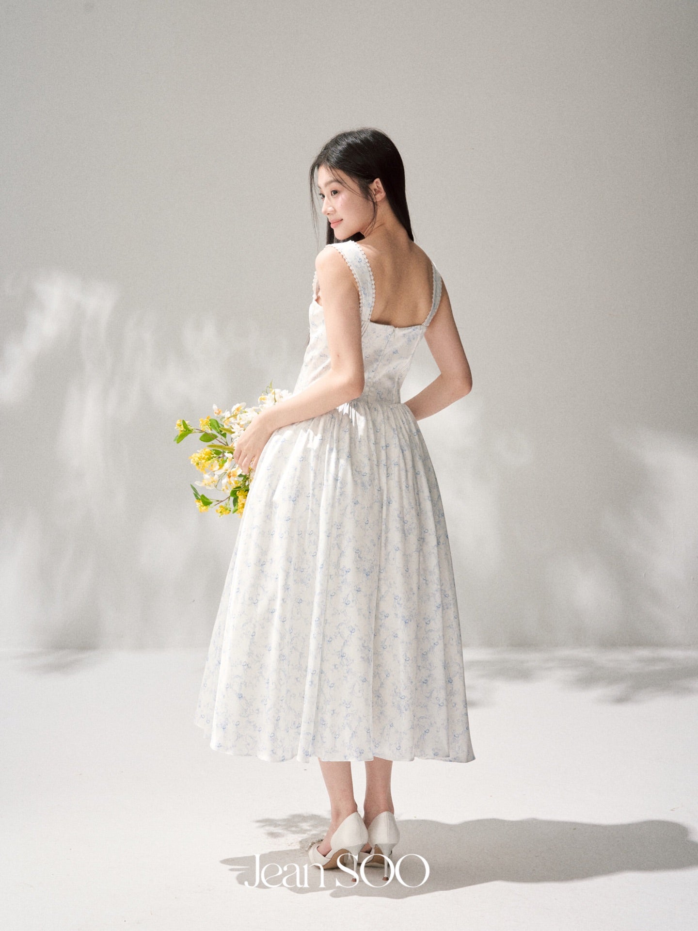 Jean Soo Retro Romantic Tucker Pleated Waist Satin Printed Long Dress