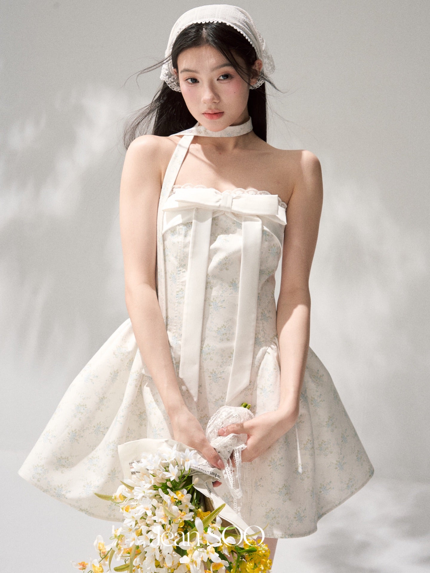 Jean Soo mint broken flower split waist lotus dress