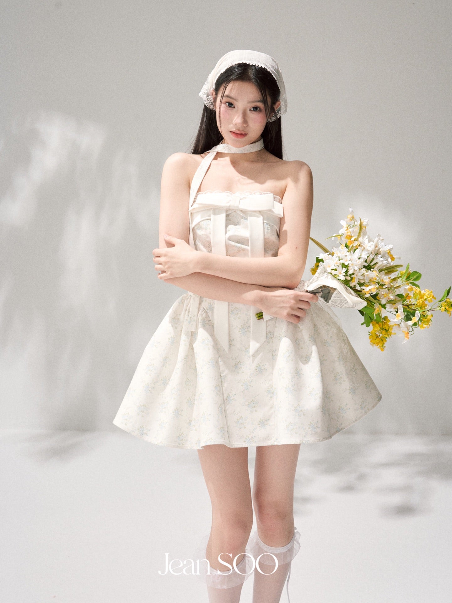 Jean Soo mint broken flower split waist lotus dress