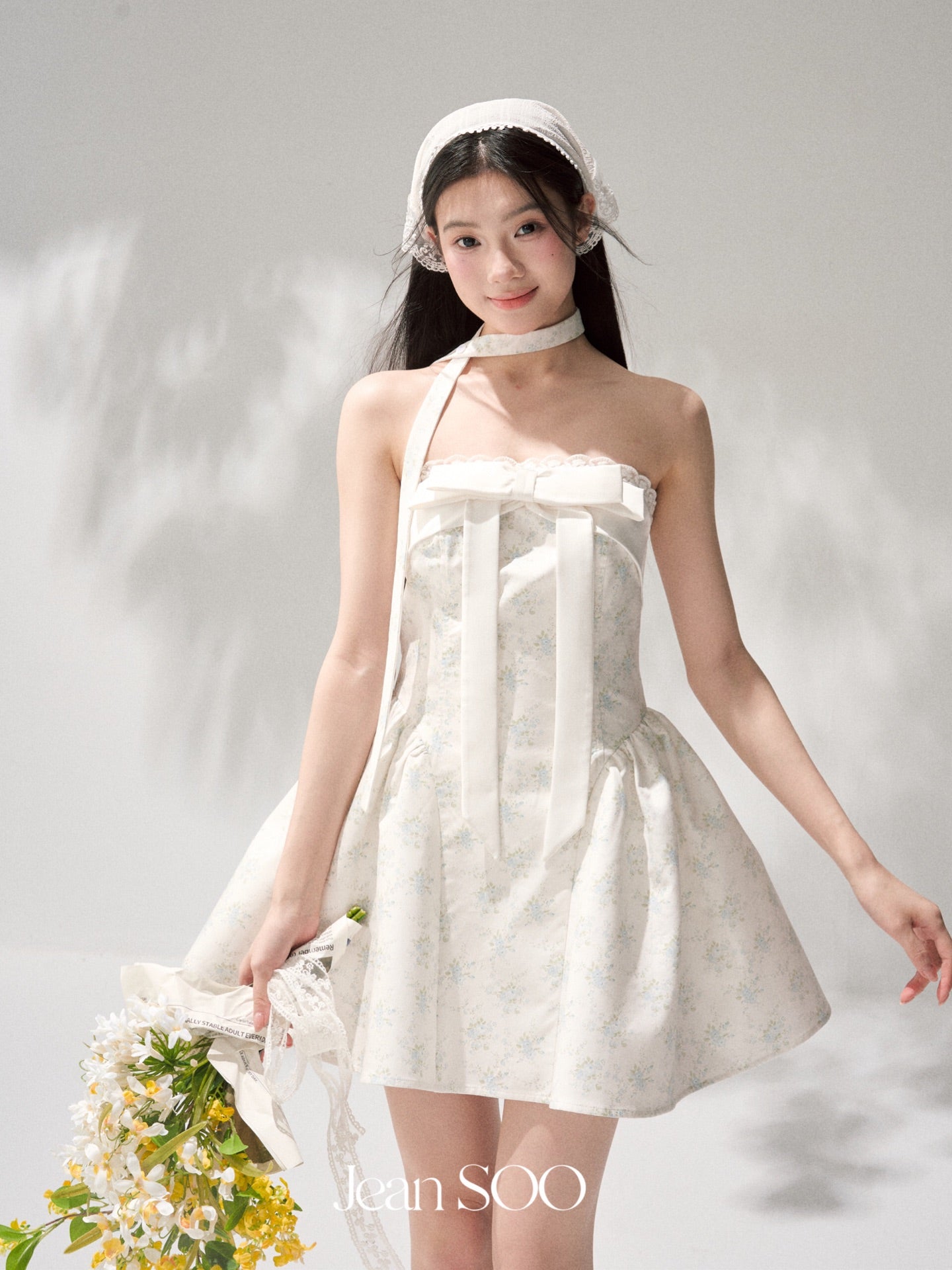 Jean Soo mint broken flower split waist lotus dress