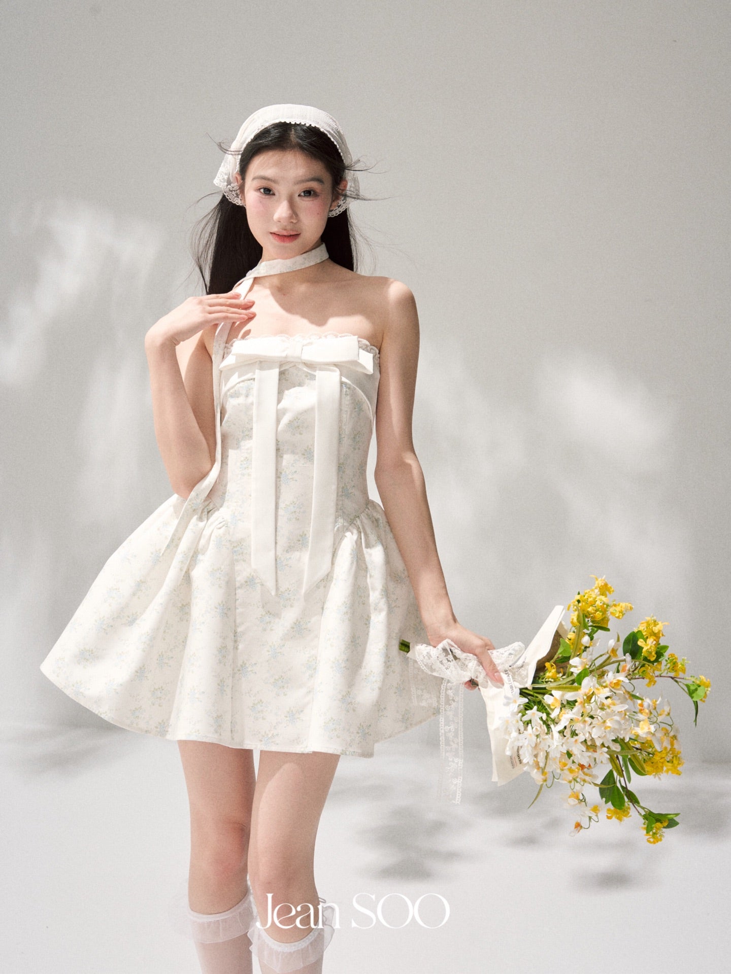 Jean Soo mint broken flower split waist lotus dress