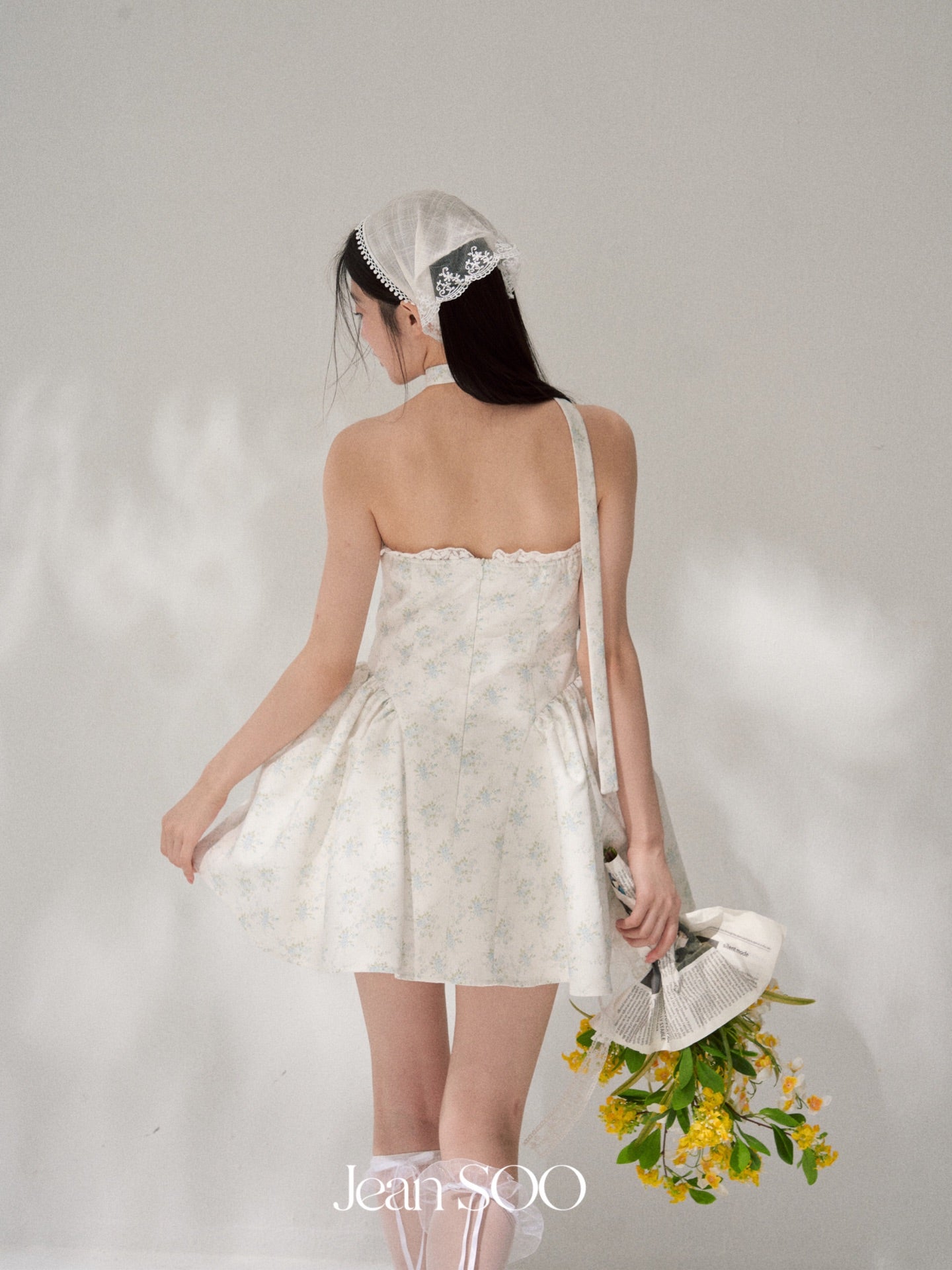 Jean Soo mint broken flower split waist lotus dress