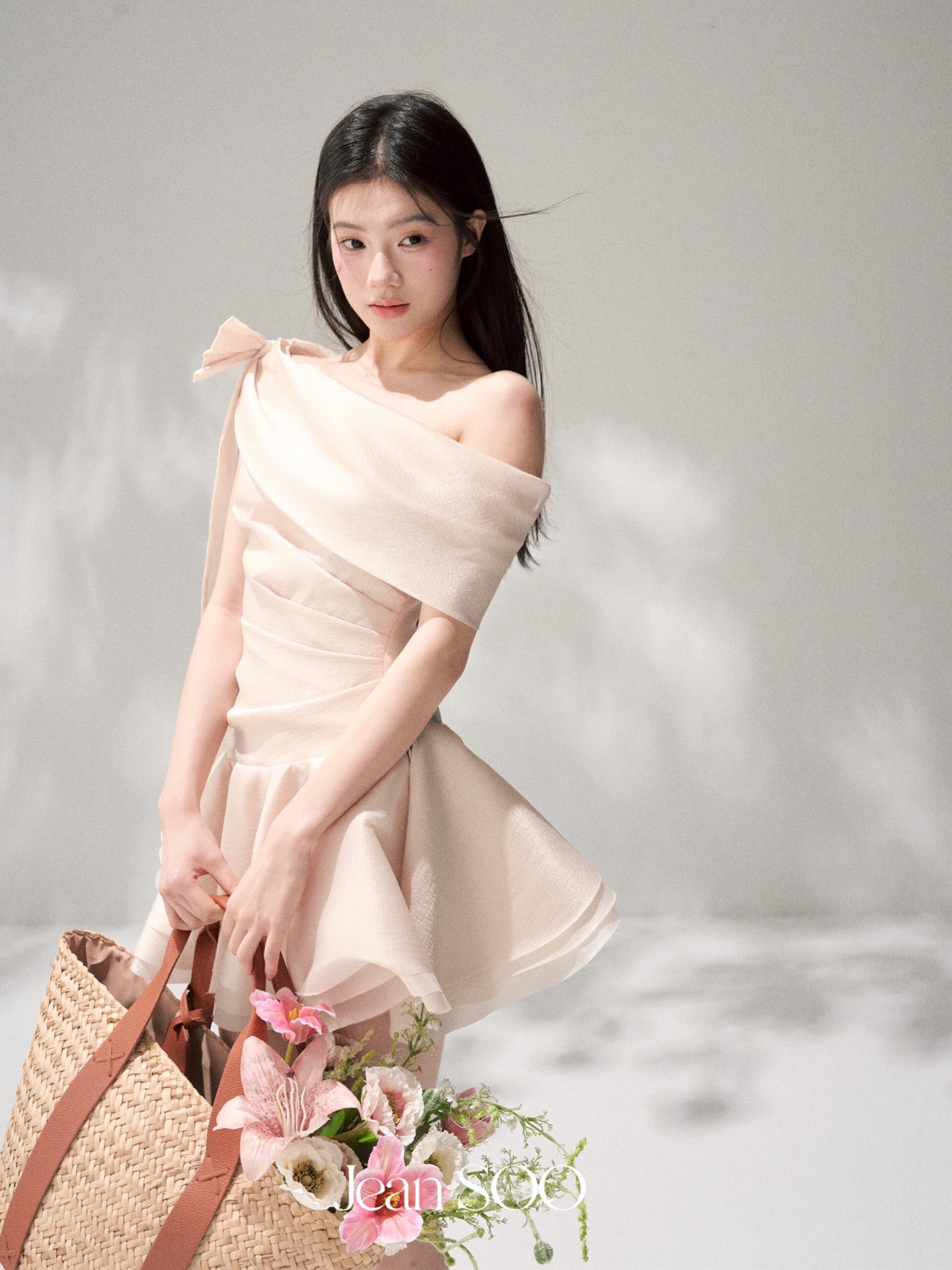 Jean Soo Pearly Elf slanted shoulder pleated irregular dress