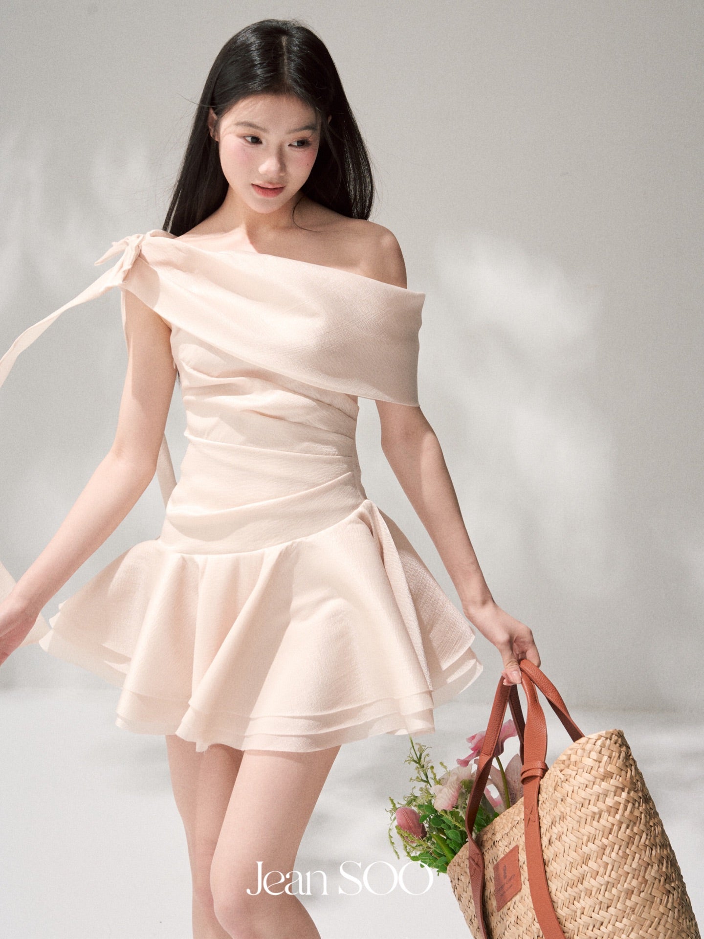 Jean Soo Pearly Elf slanted shoulder pleated irregular dress