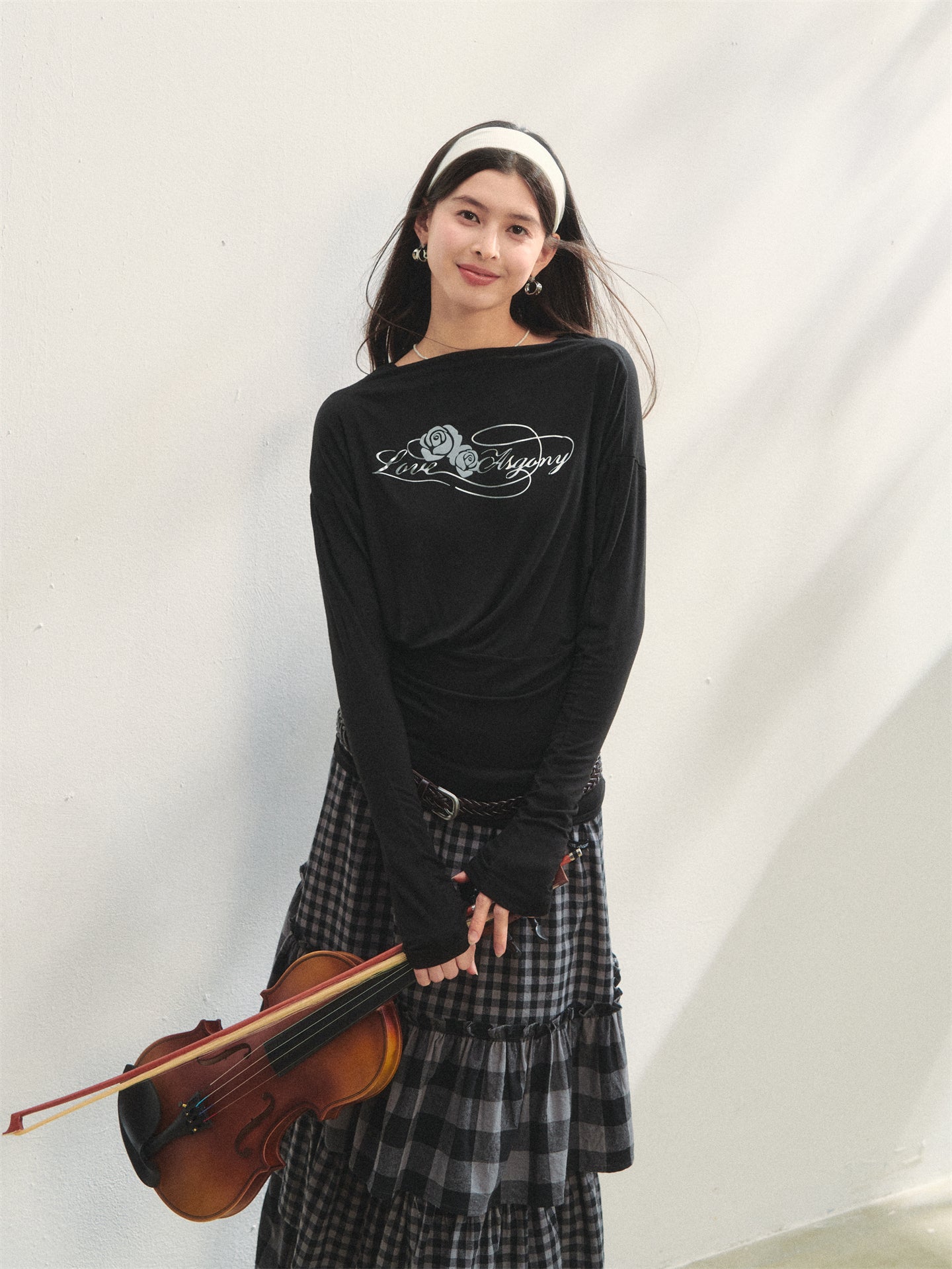 AsGony ASG25286&ASG25287 Printed slim fit pleated long sleeved T-shirt + pants