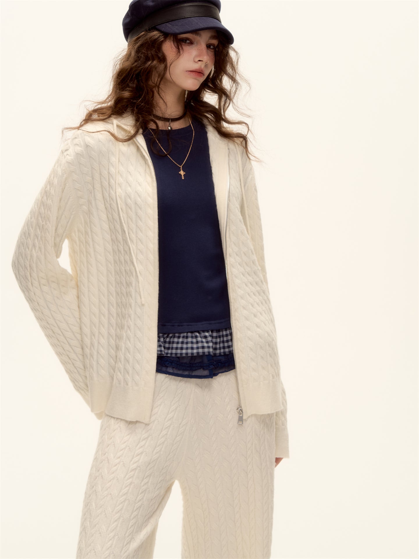 AsGony ASG25639&ASG24653 Wool zipper hooded knitted sweater + pants